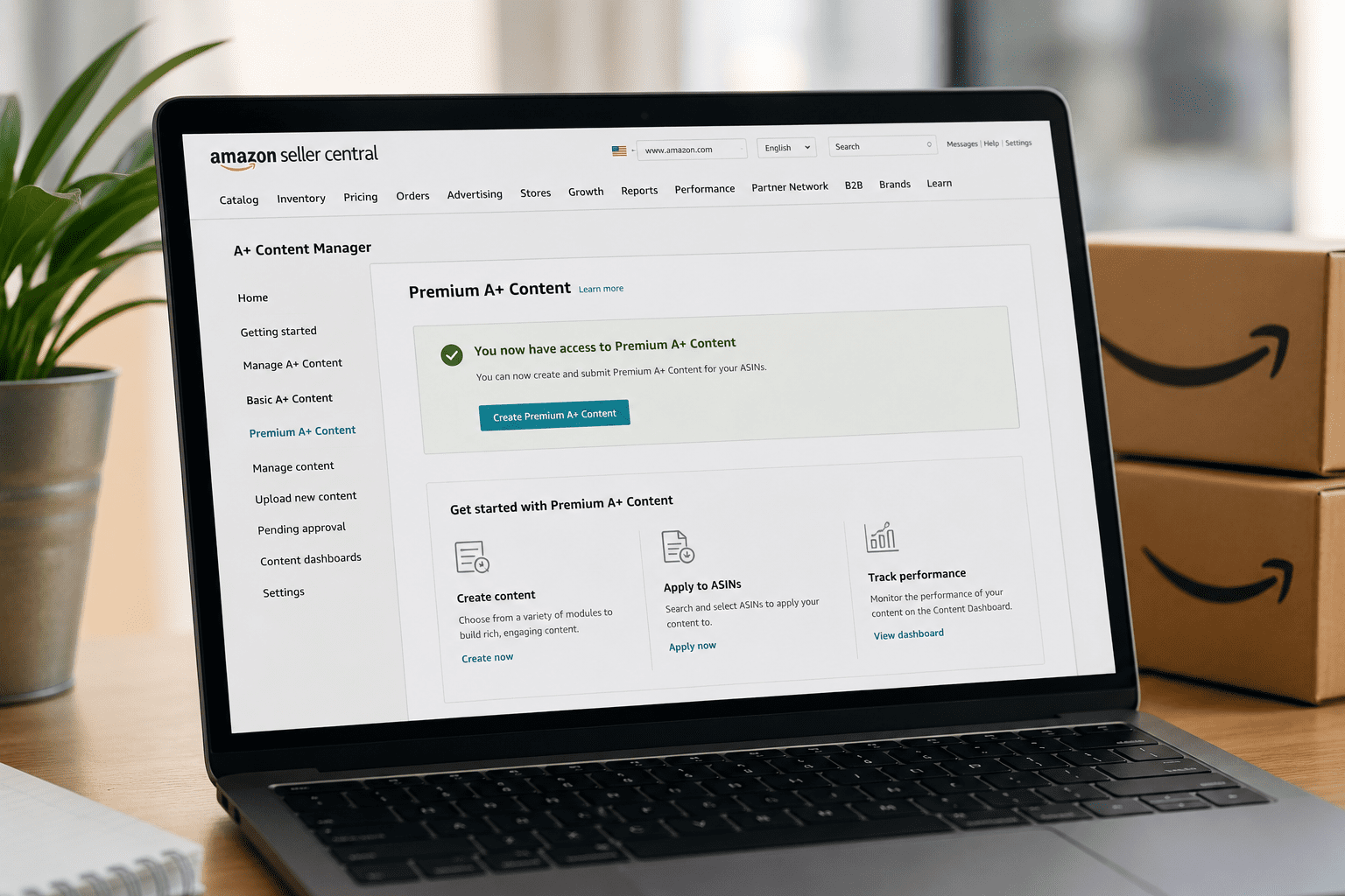 Modern workspace with Amazon Seller dashboard