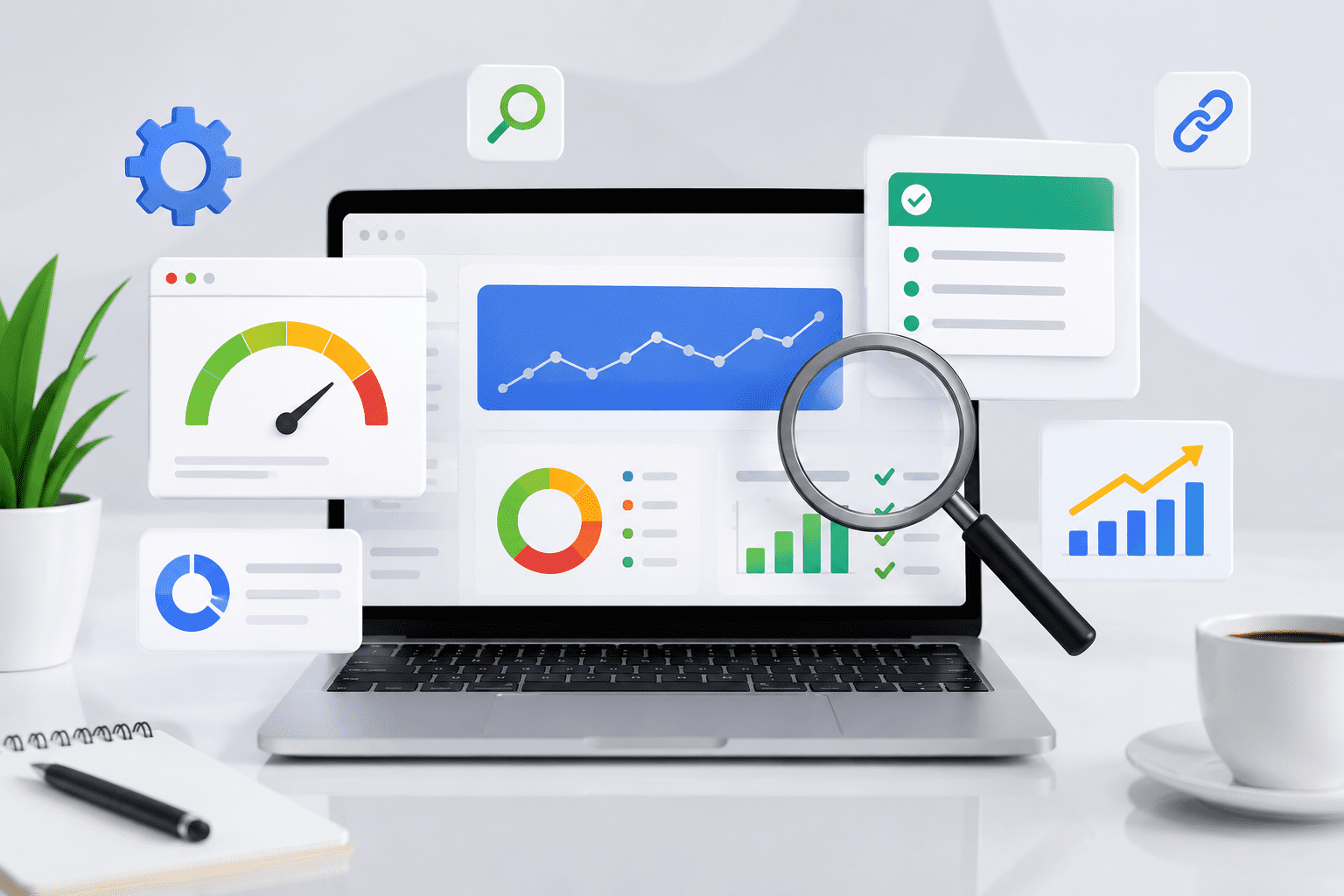 Modern workspace with analytics dashboard