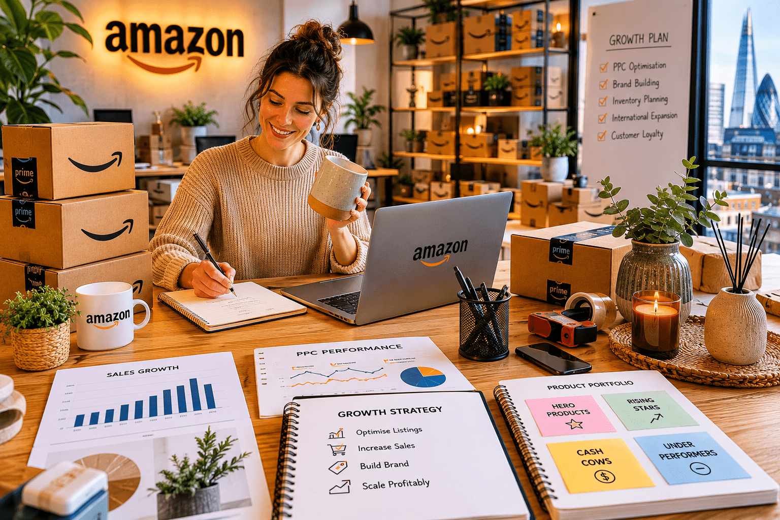 Productive e-commerce office with Amazon branding