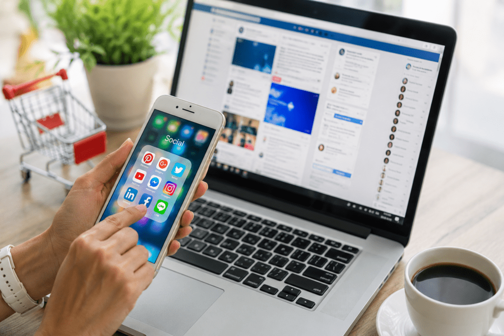 Social media workspace with coffee