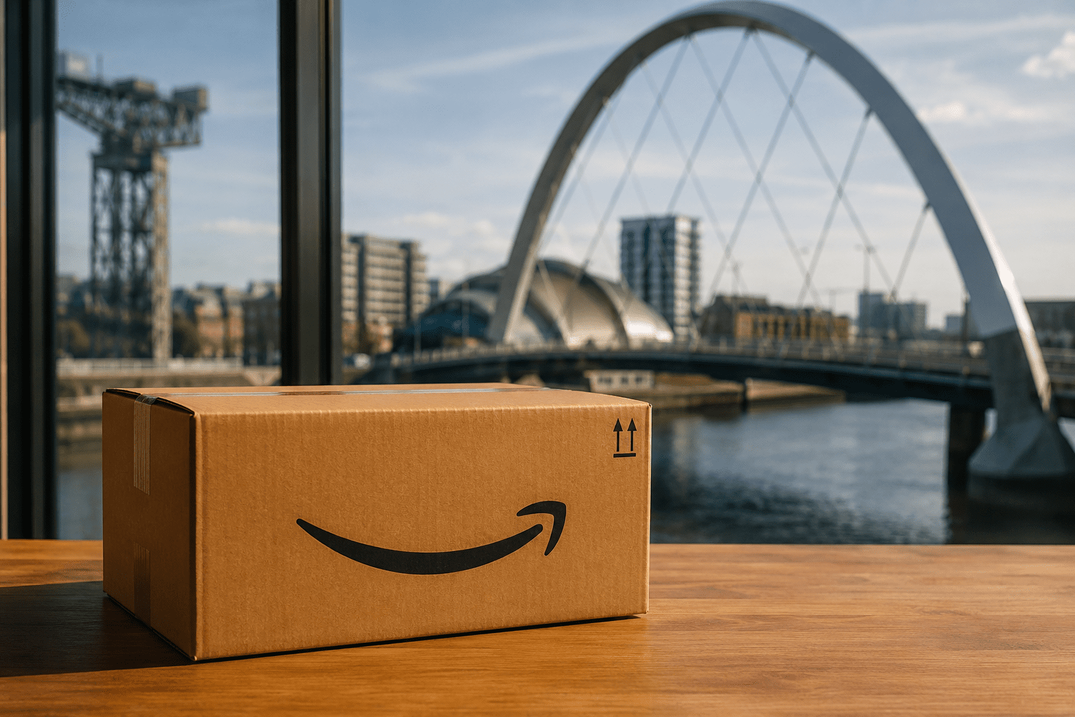 Amazon box with city backdrop