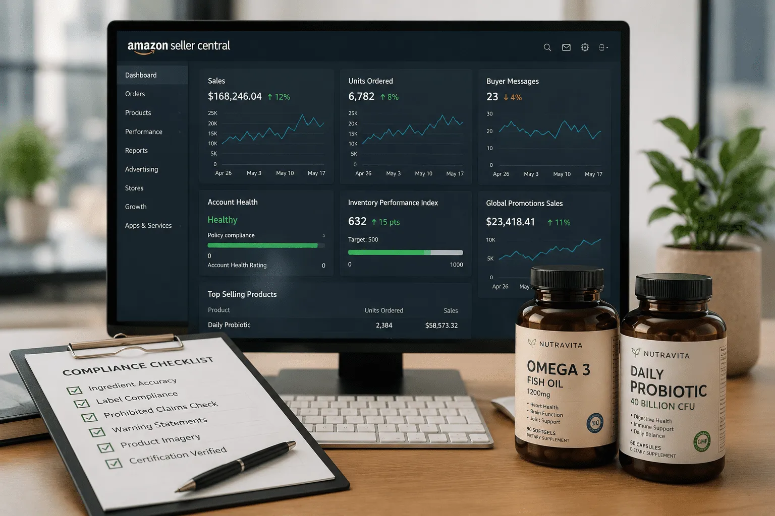 Amazon seller dashboard and health supplements