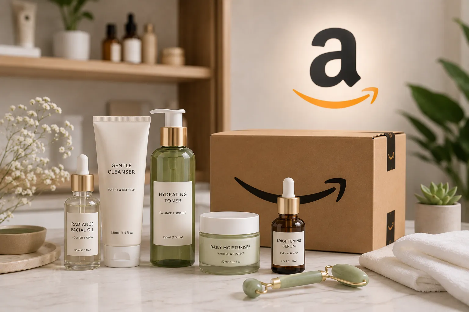 Amazon skincare products on marble countertop