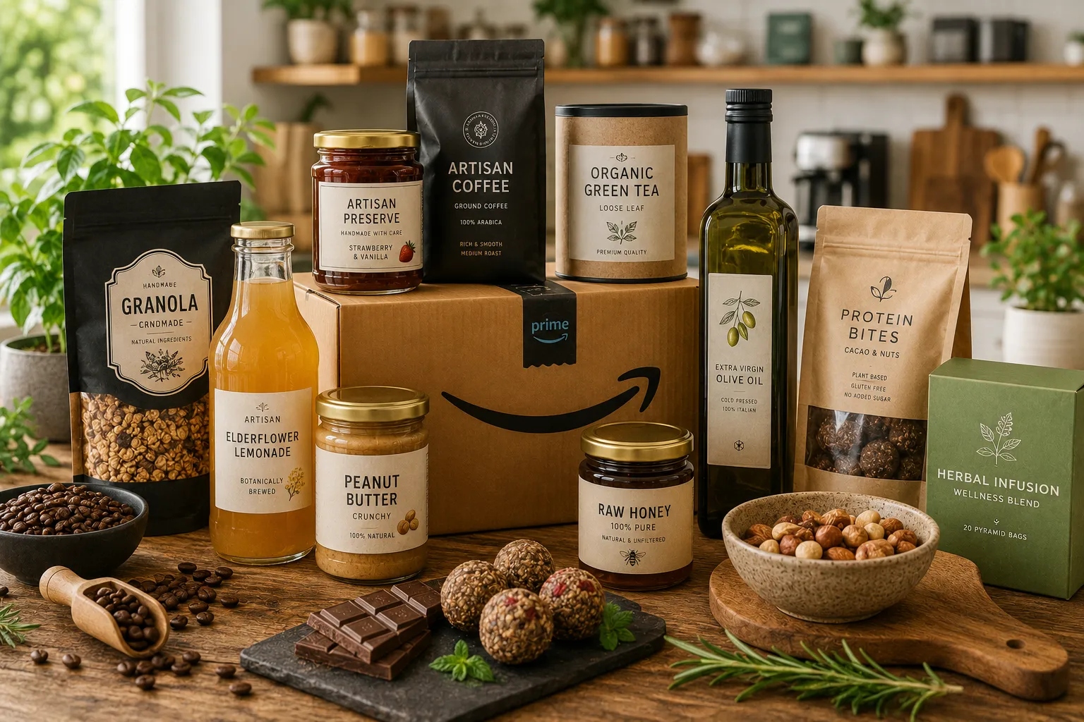 Artisanal products on rustic kitchen table