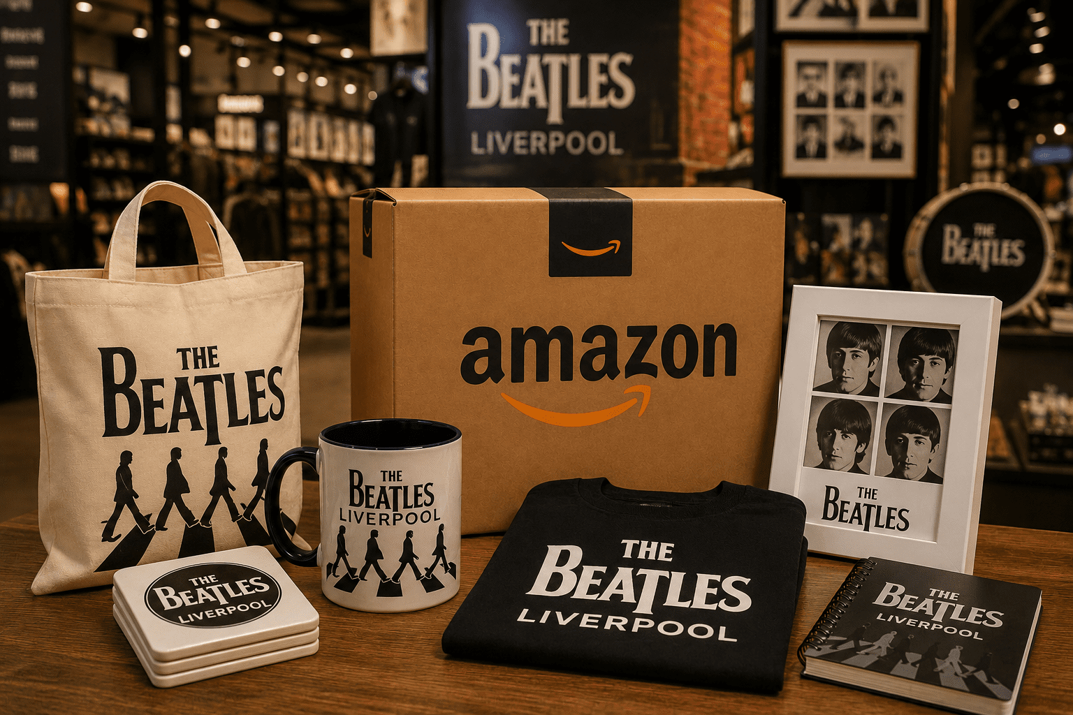 Beatles merchandise display with Amazon box