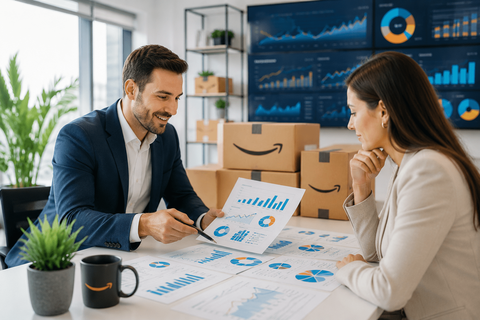 Business meeting with analytics and charts