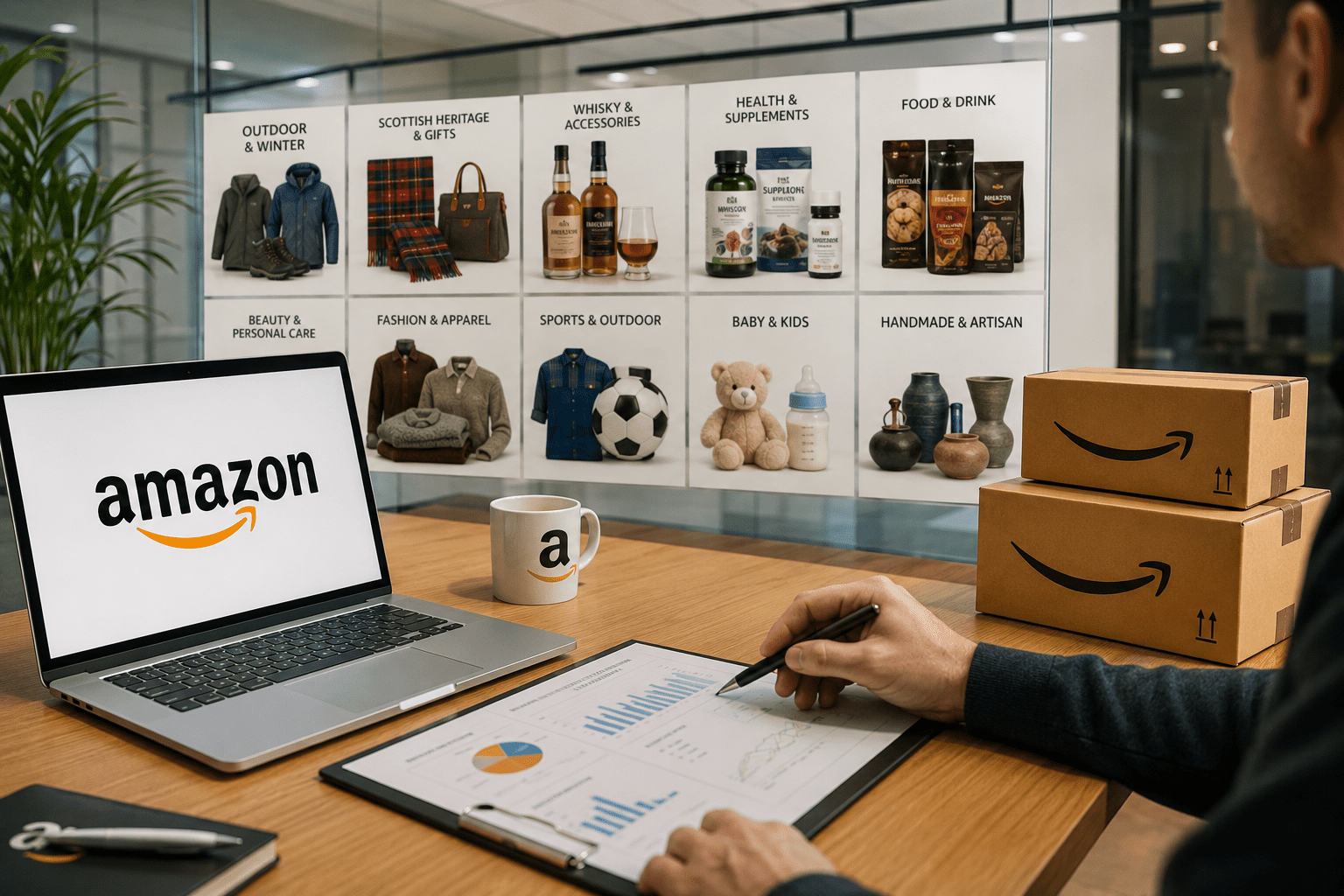 Business strategy session with Amazon branding