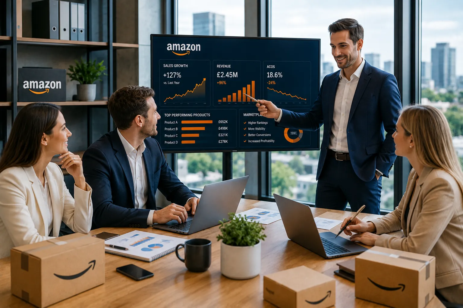 Business strategy session with Amazon branding