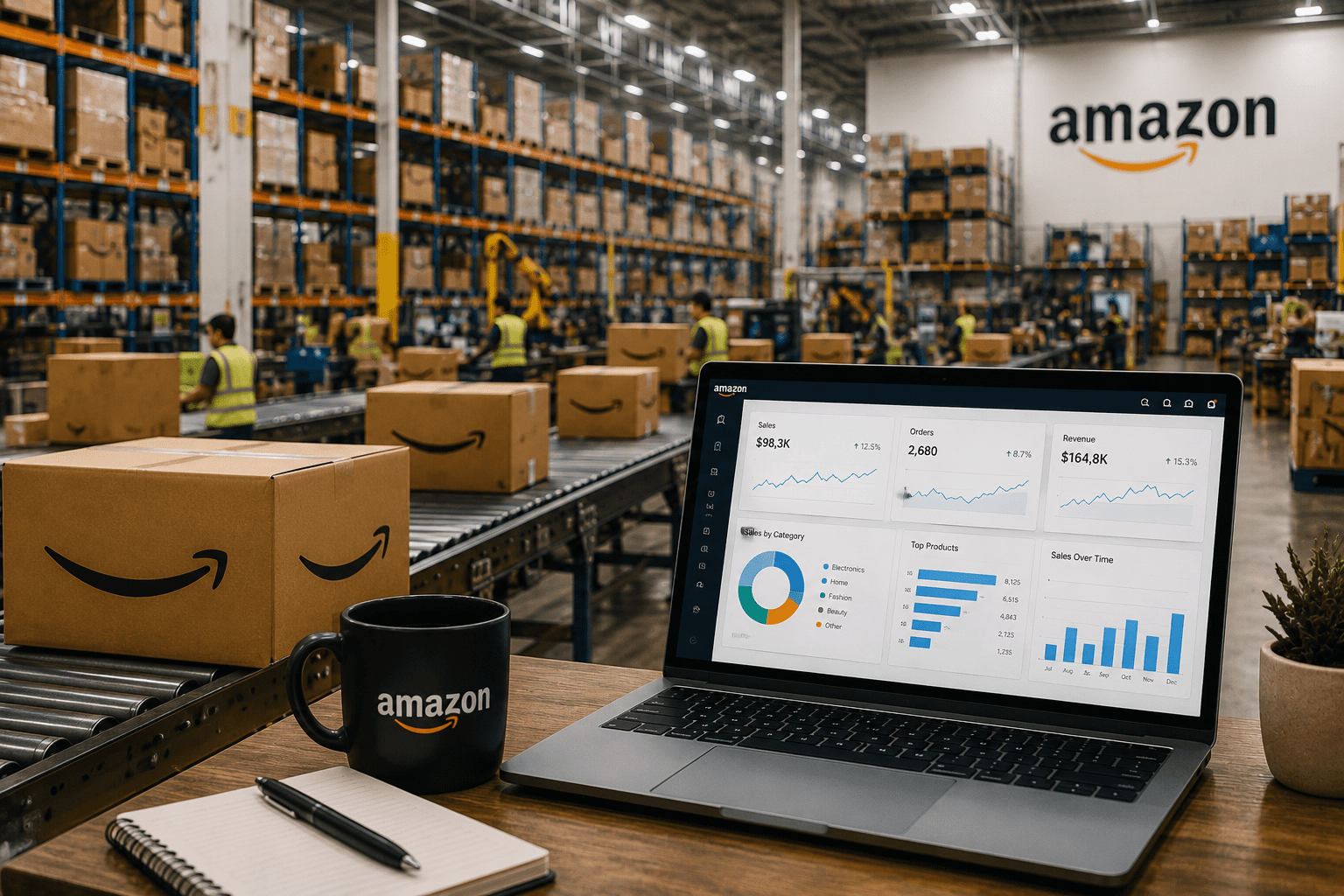 Busy amazon fulfillment center in action