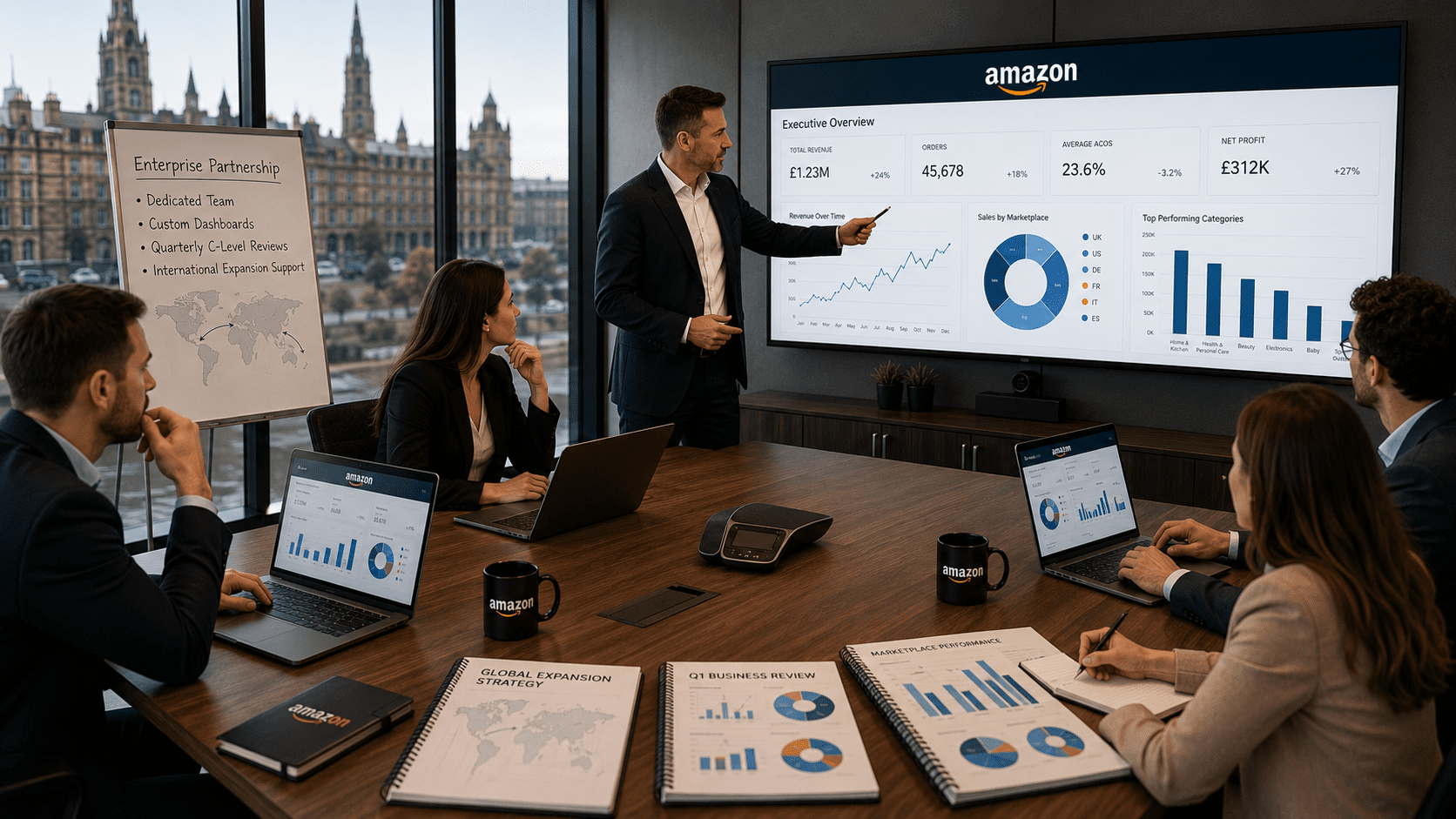 Corporate strategy meeting with Amazon branding