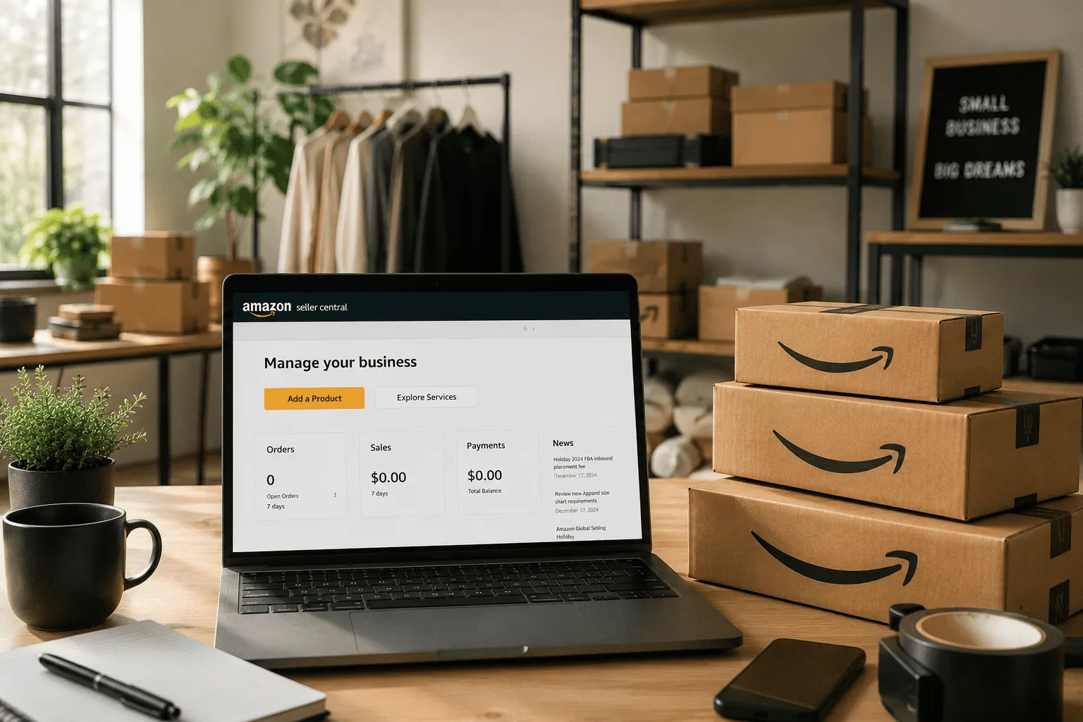 Cozy e-commerce workspace with Amazon setup