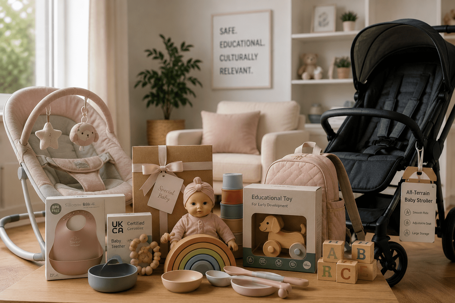 Cozy pastel baby gear display