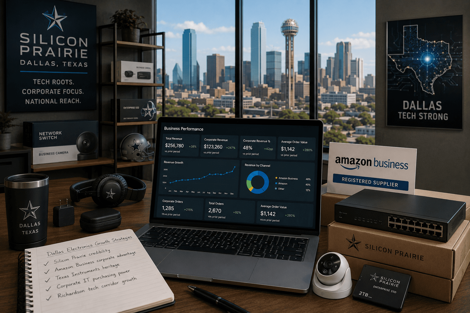 Dallas tech workspace with city view