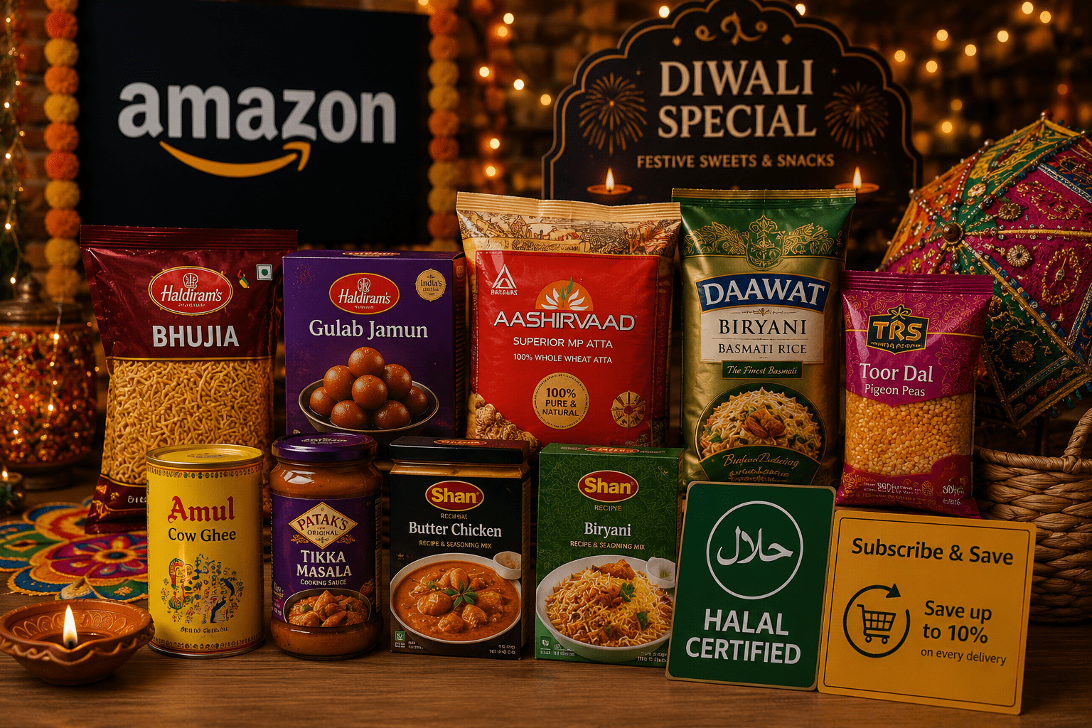 Diwali festive grocery display with snacks
