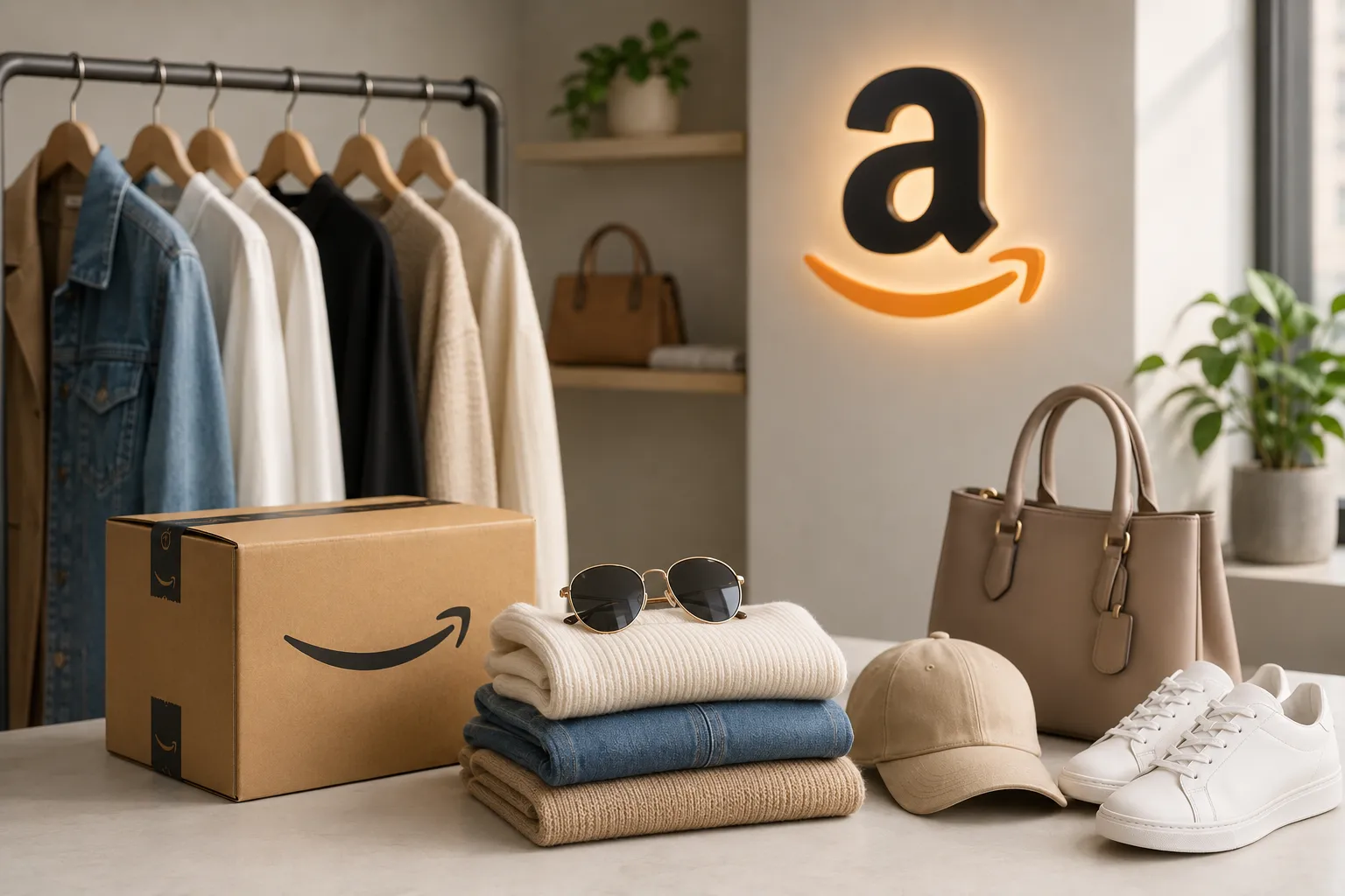 E-commerce styled fashion display with Amazon branding