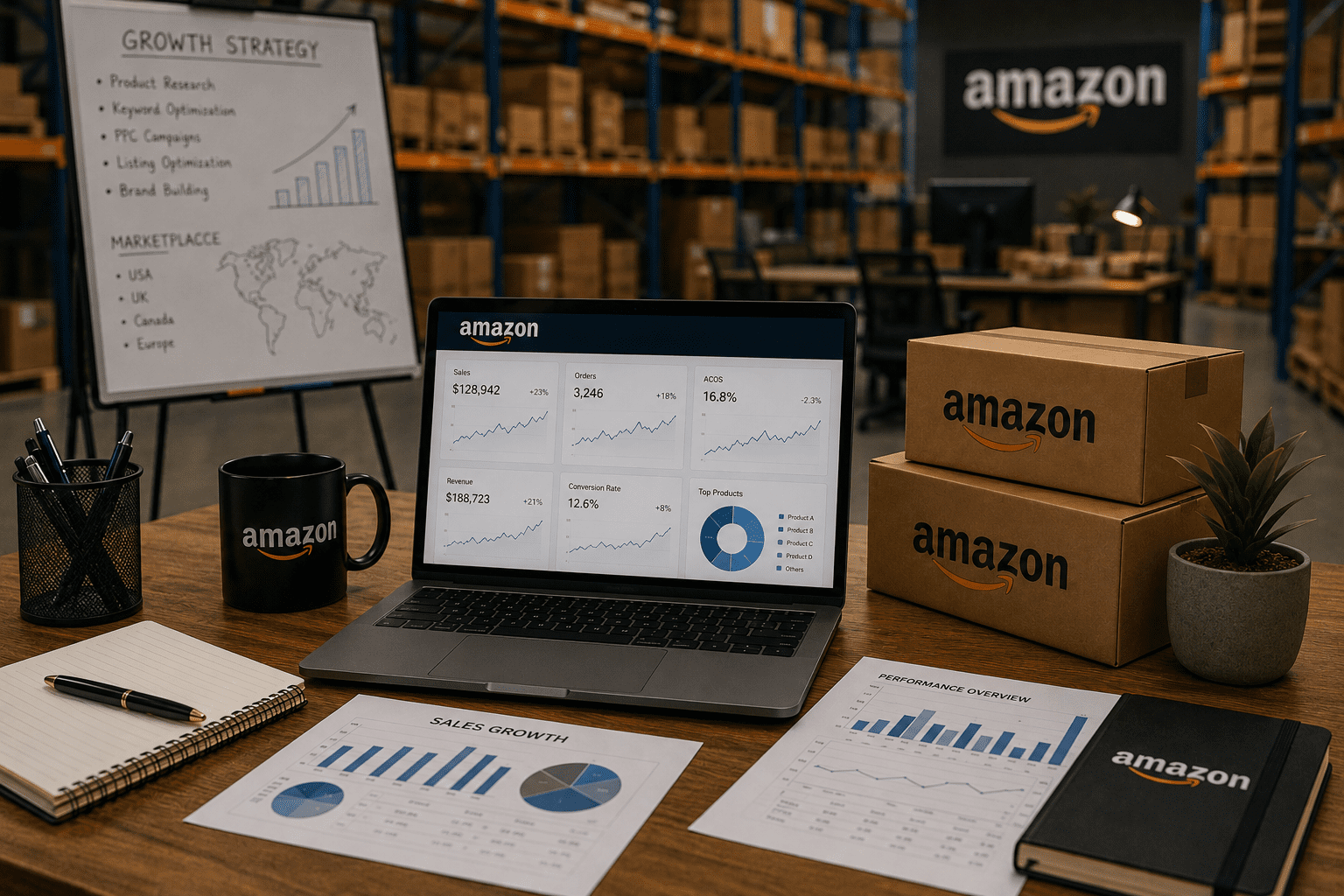 E-commerce warehouse office with dashboard