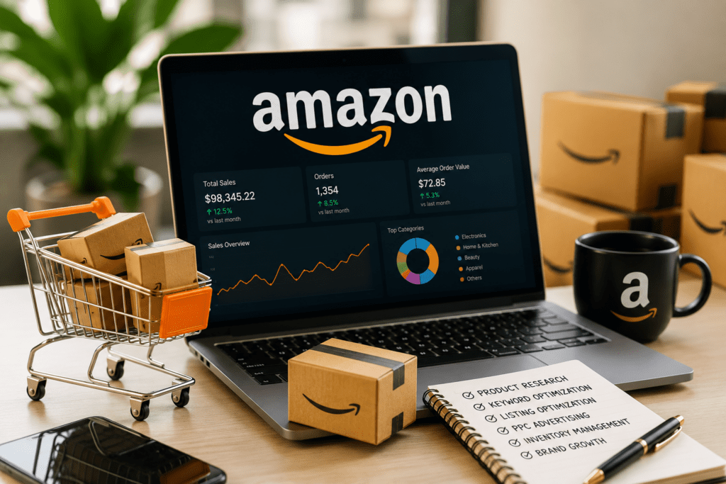 E-commerce workspace with Amazon branding
