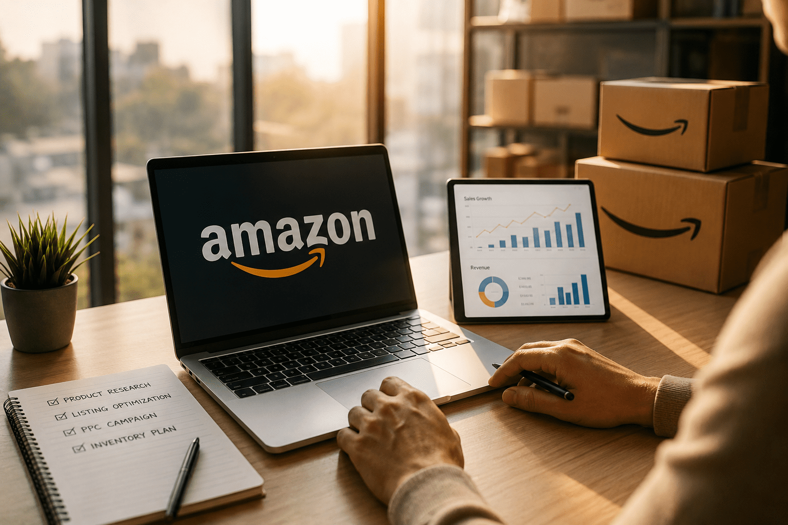 E-commerce workspace with business charts