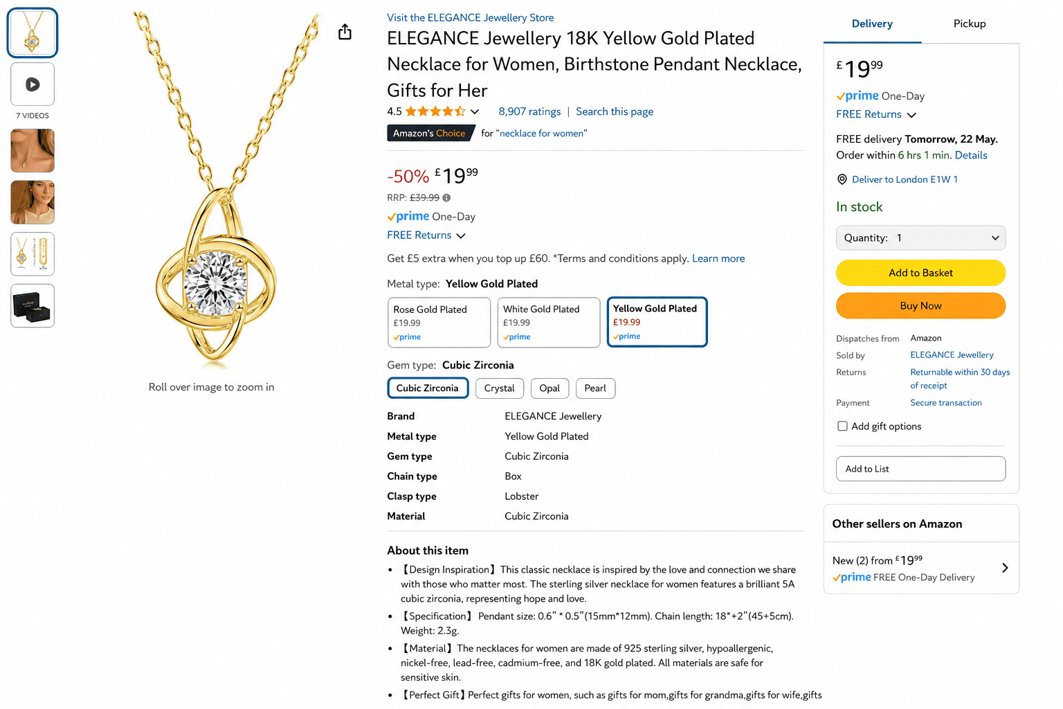 Gold pendant necklace on Amazon page