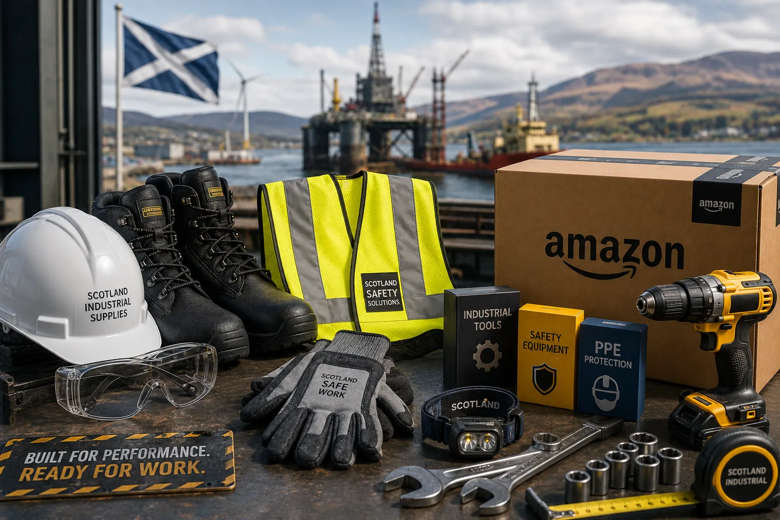 Industrial safety tools with Scottish backdrop