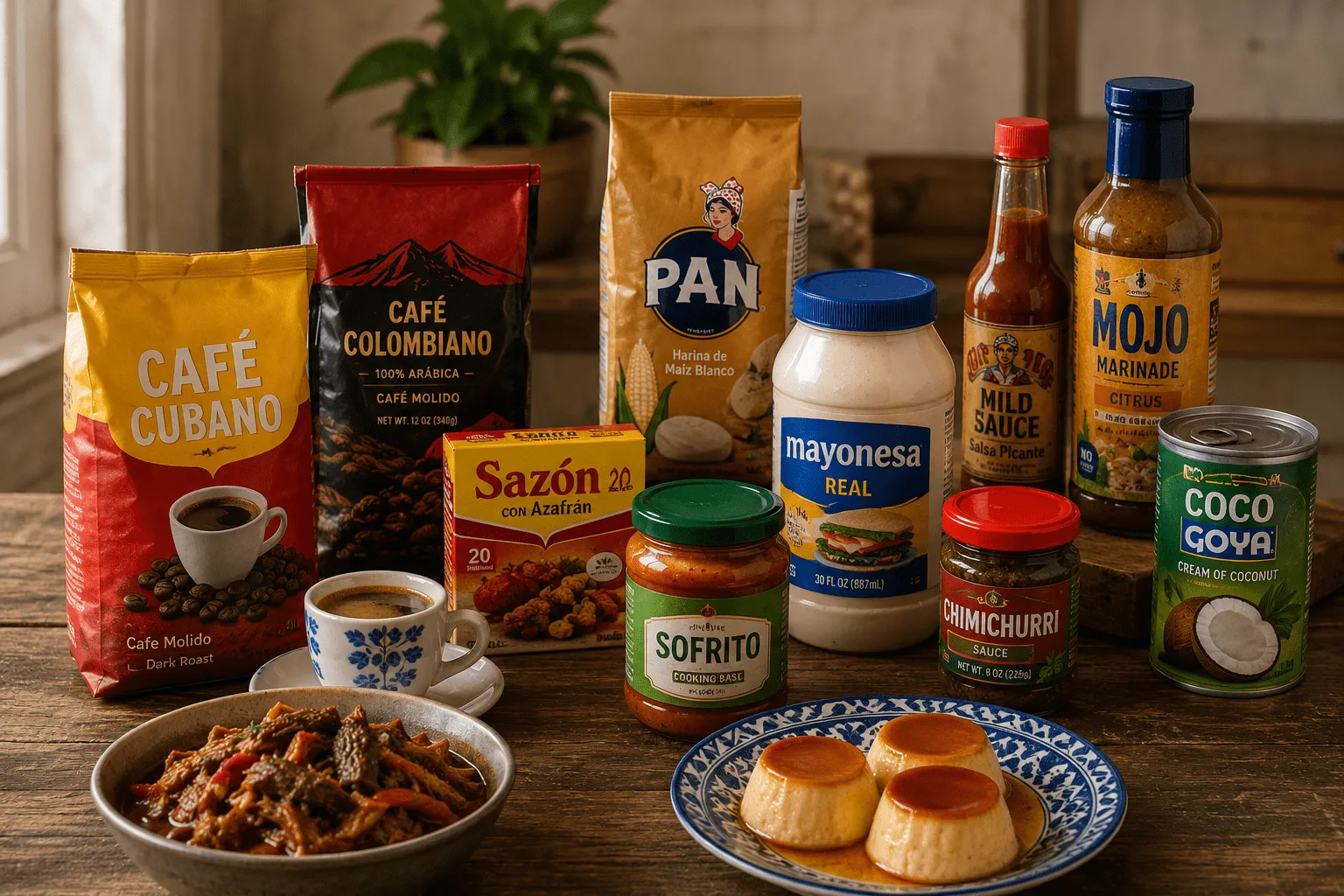 Latin pantry essentials on rustic table