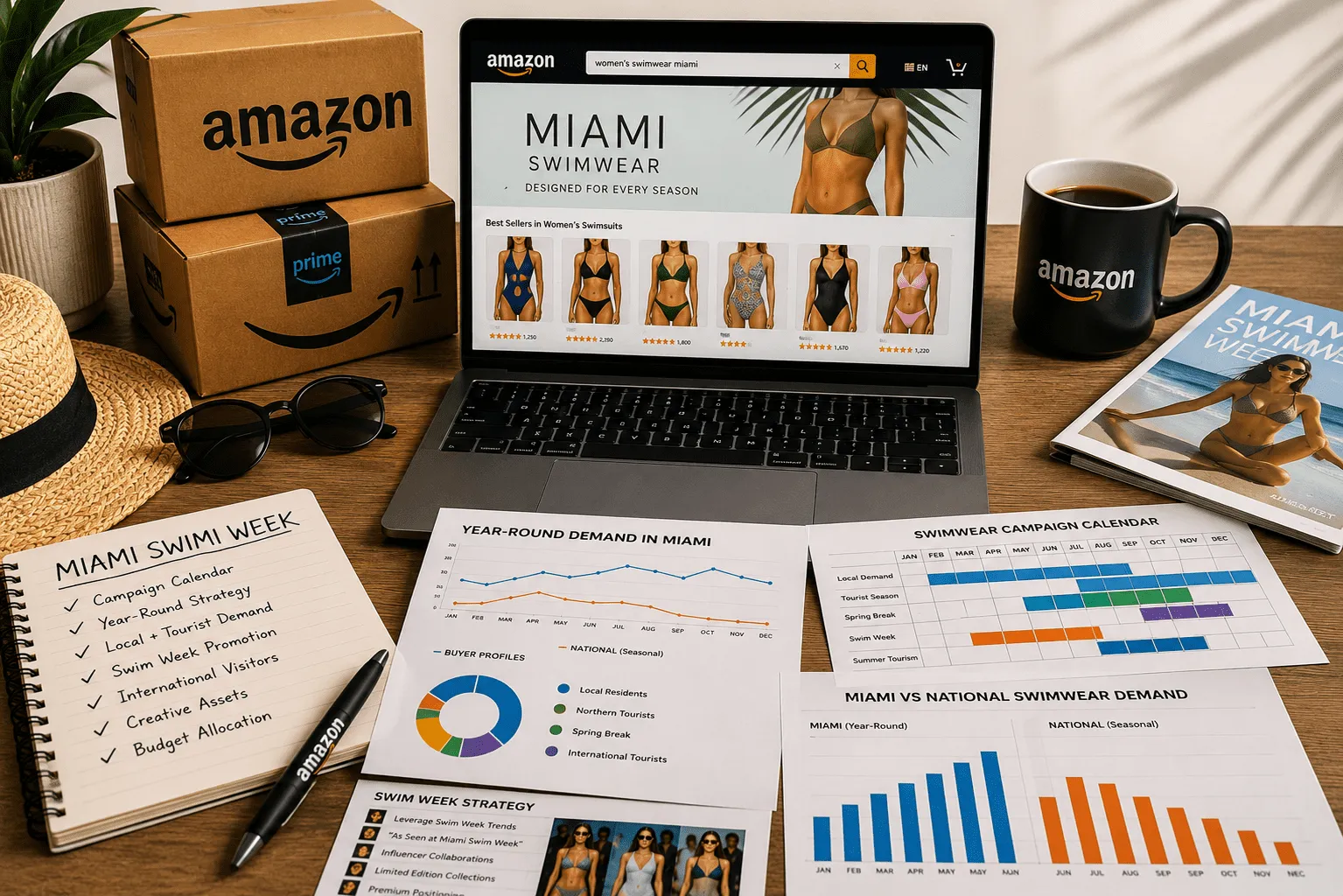 Miami swimwear marketing workspace flatlay