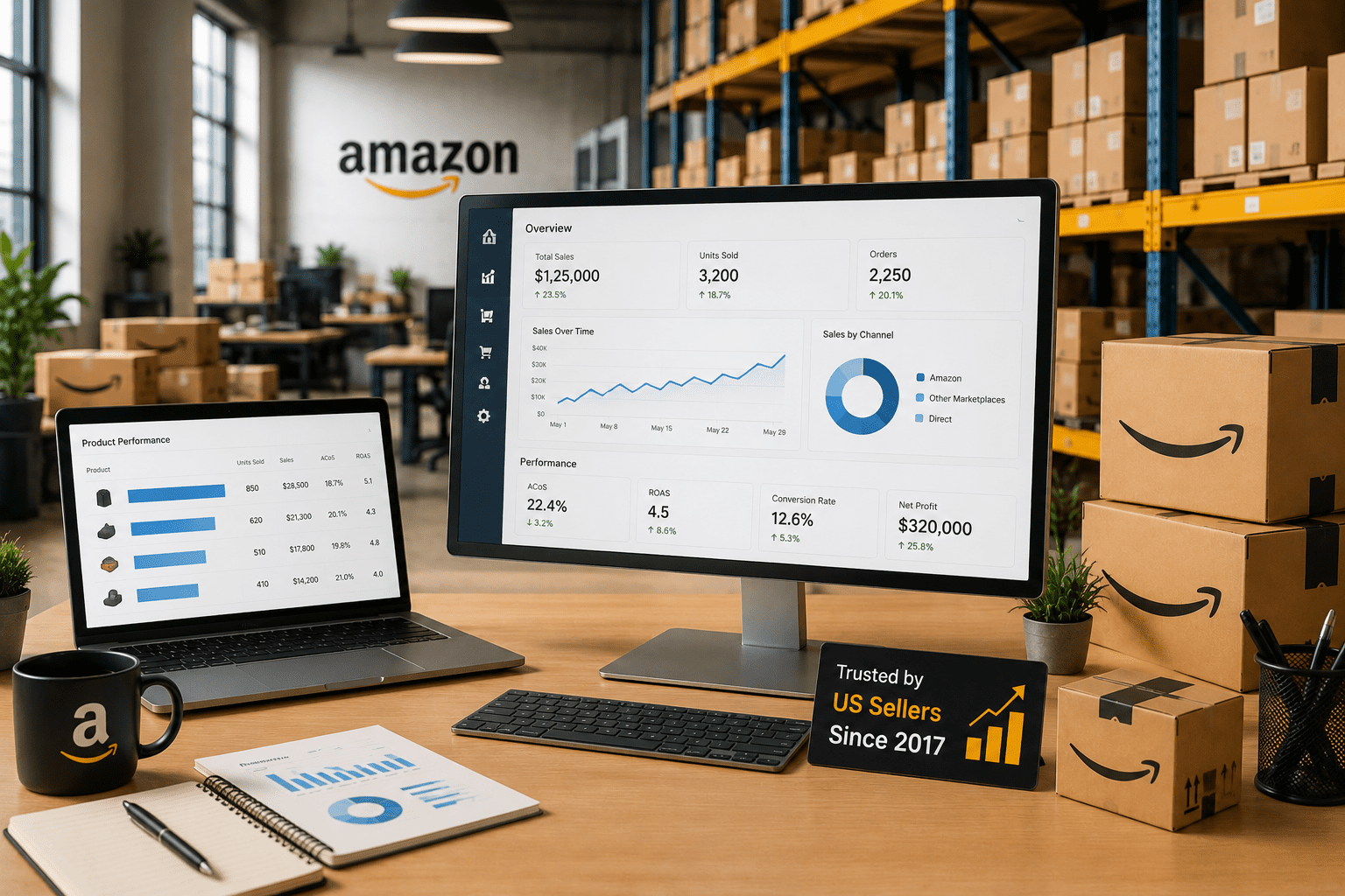 Modern e-commerce workspace with dashboards