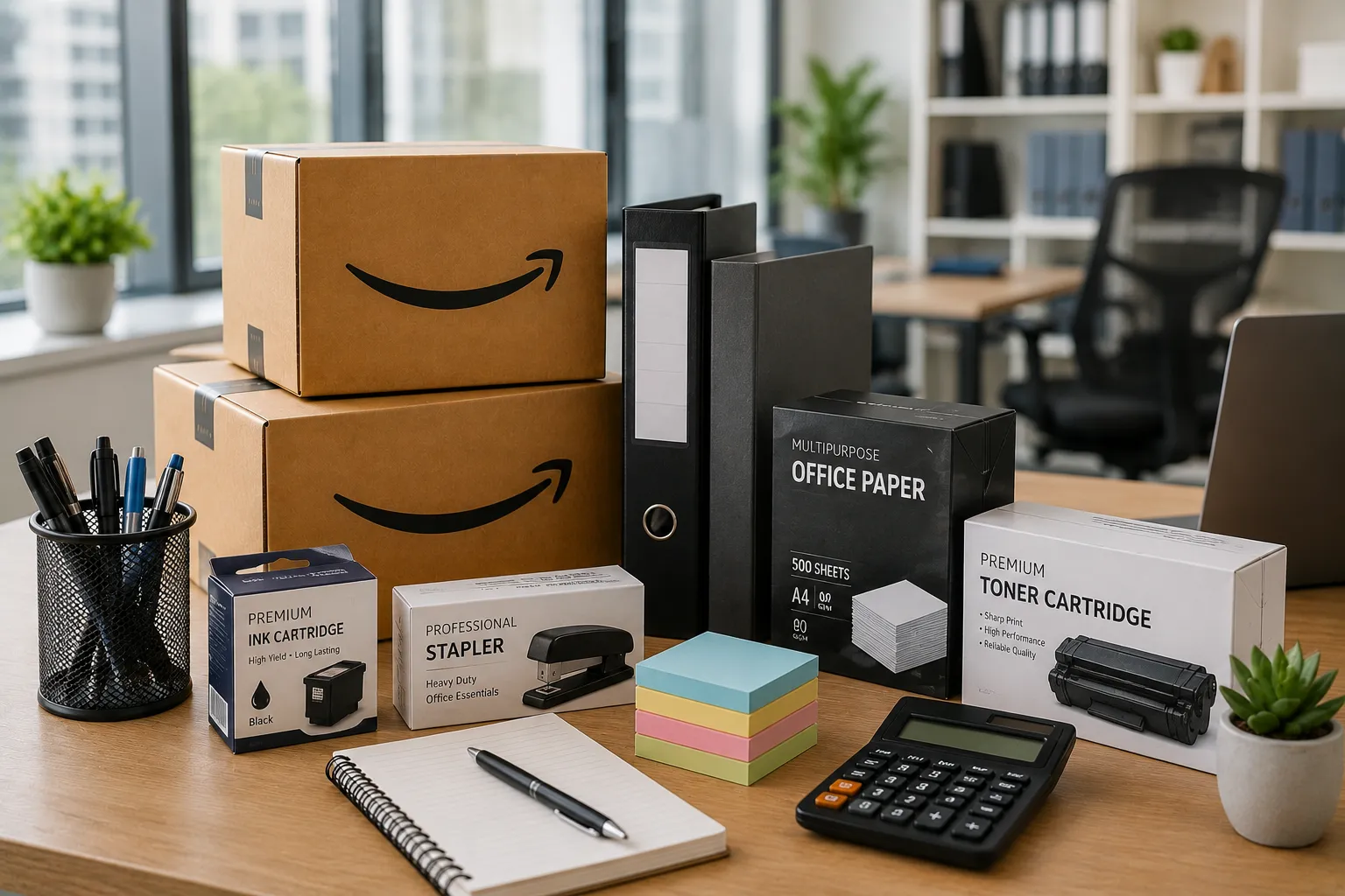 Modern office desk with supplies