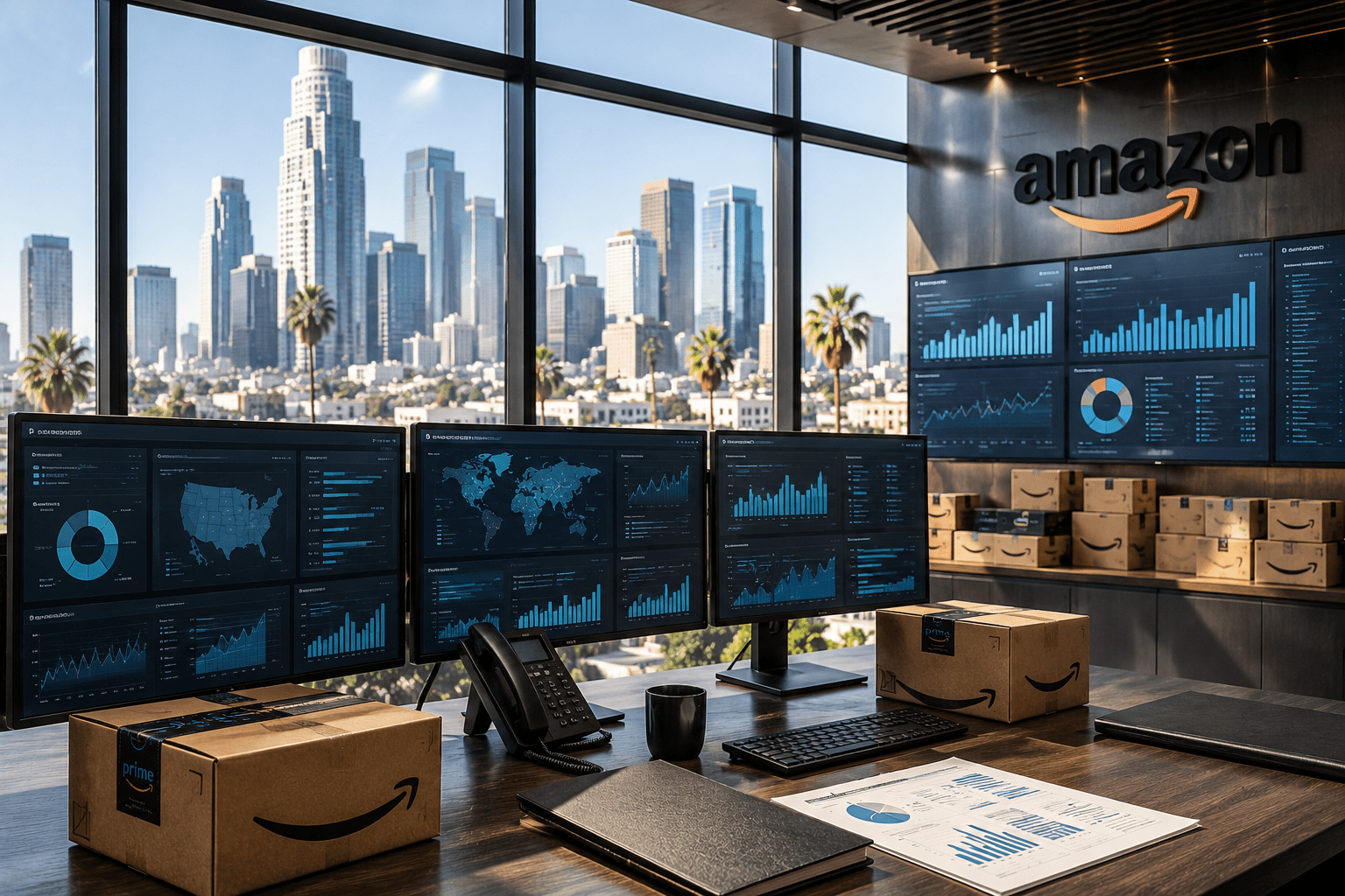 Modern office with Amazon branding and skyline