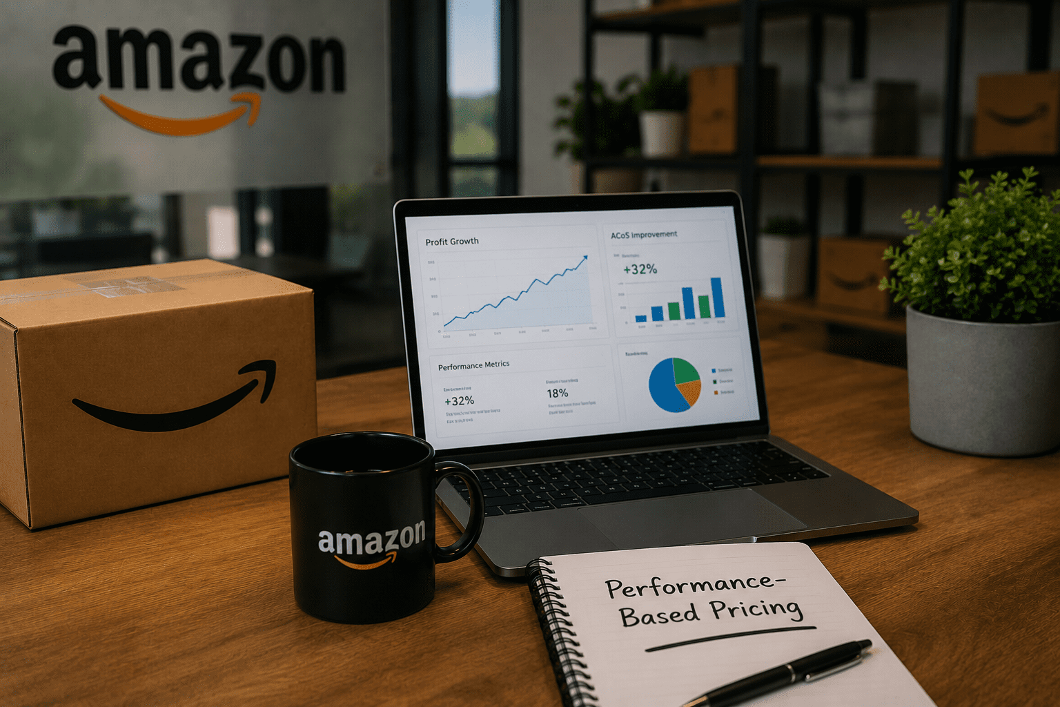 Modern office workspace with Amazon branding