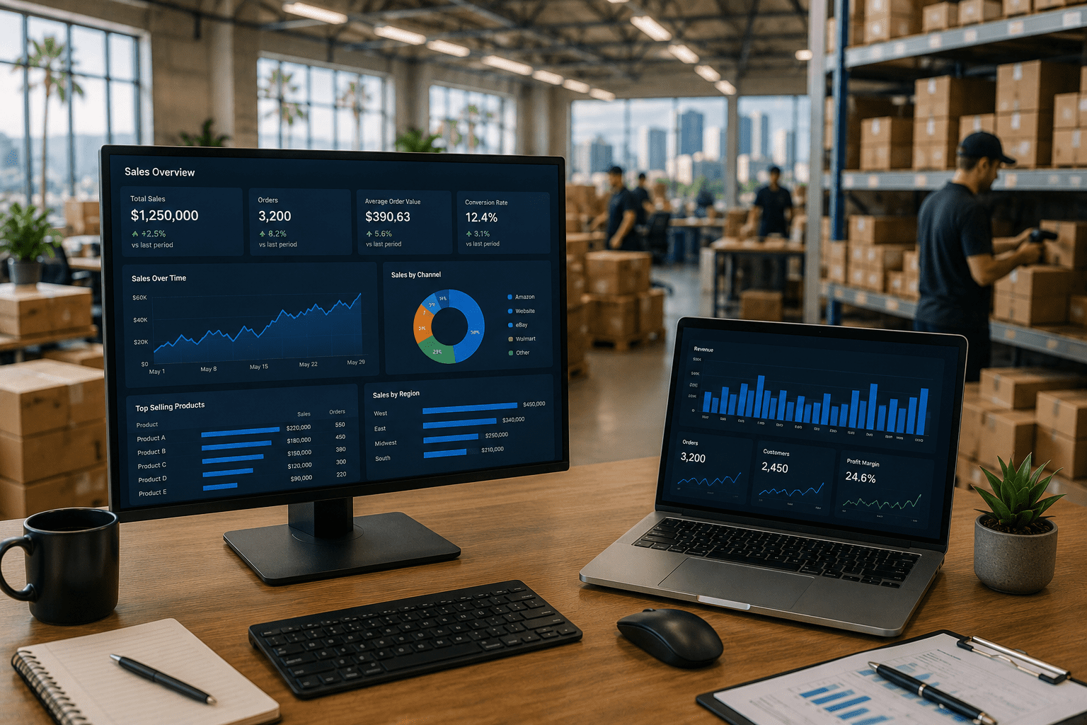 Modern warehouse office with e-commerce dashboard