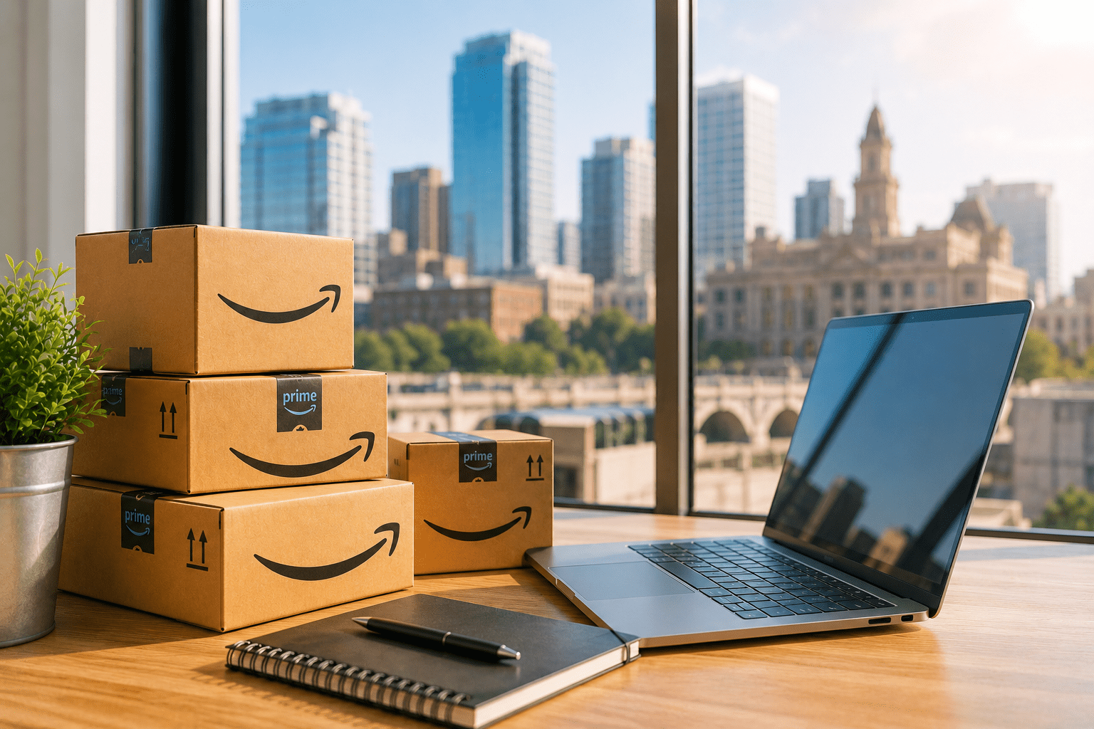 Modern workspace with Amazon packages