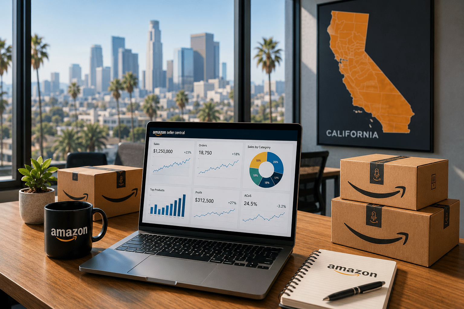Modern workspace with Los Angeles view