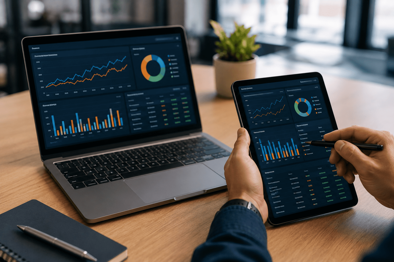 Modern workspace with analytics review