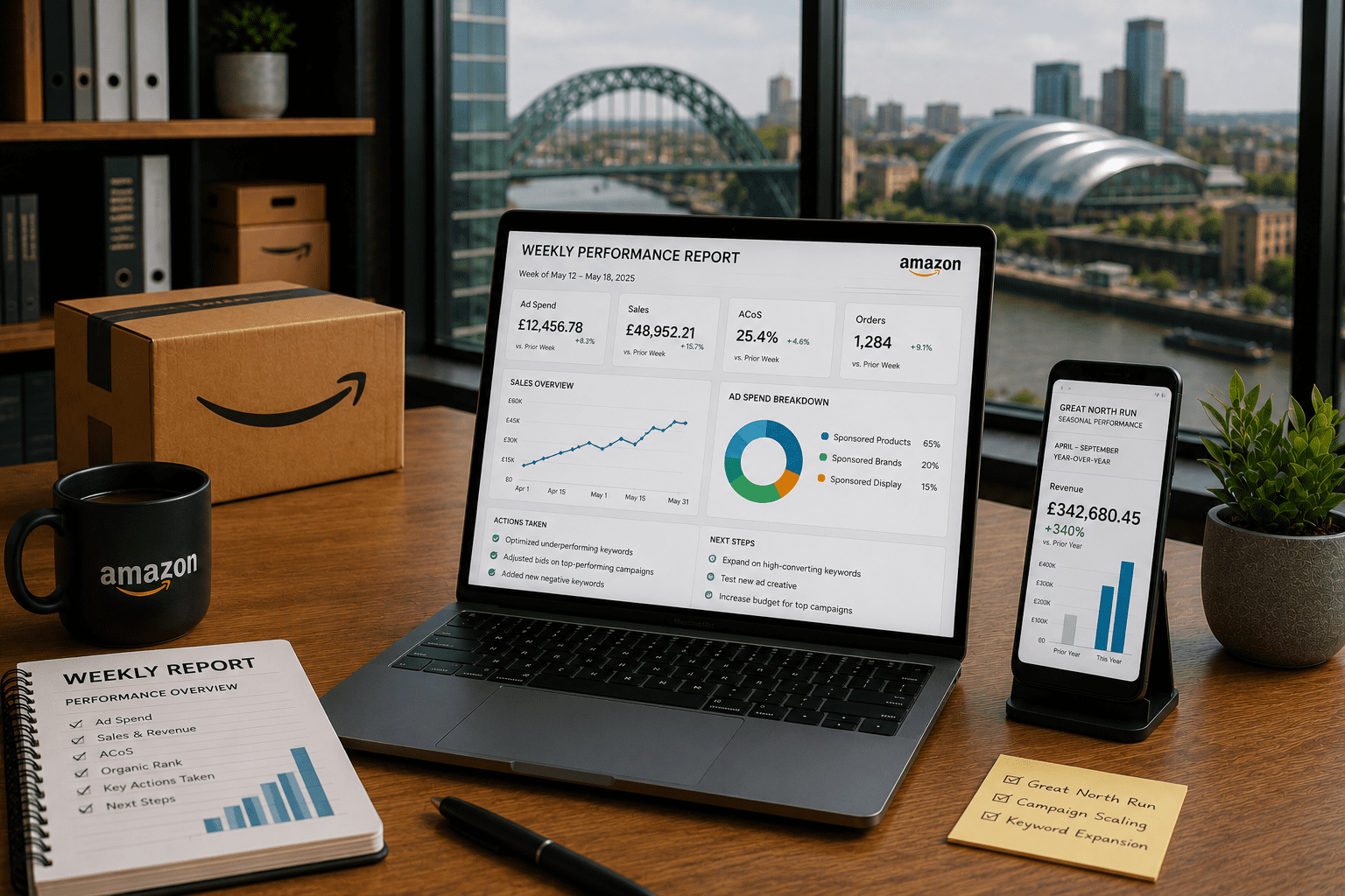 Modern workspace with cityscape view