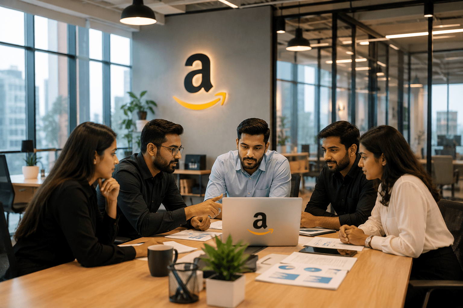 Office meeting with Amazon branding