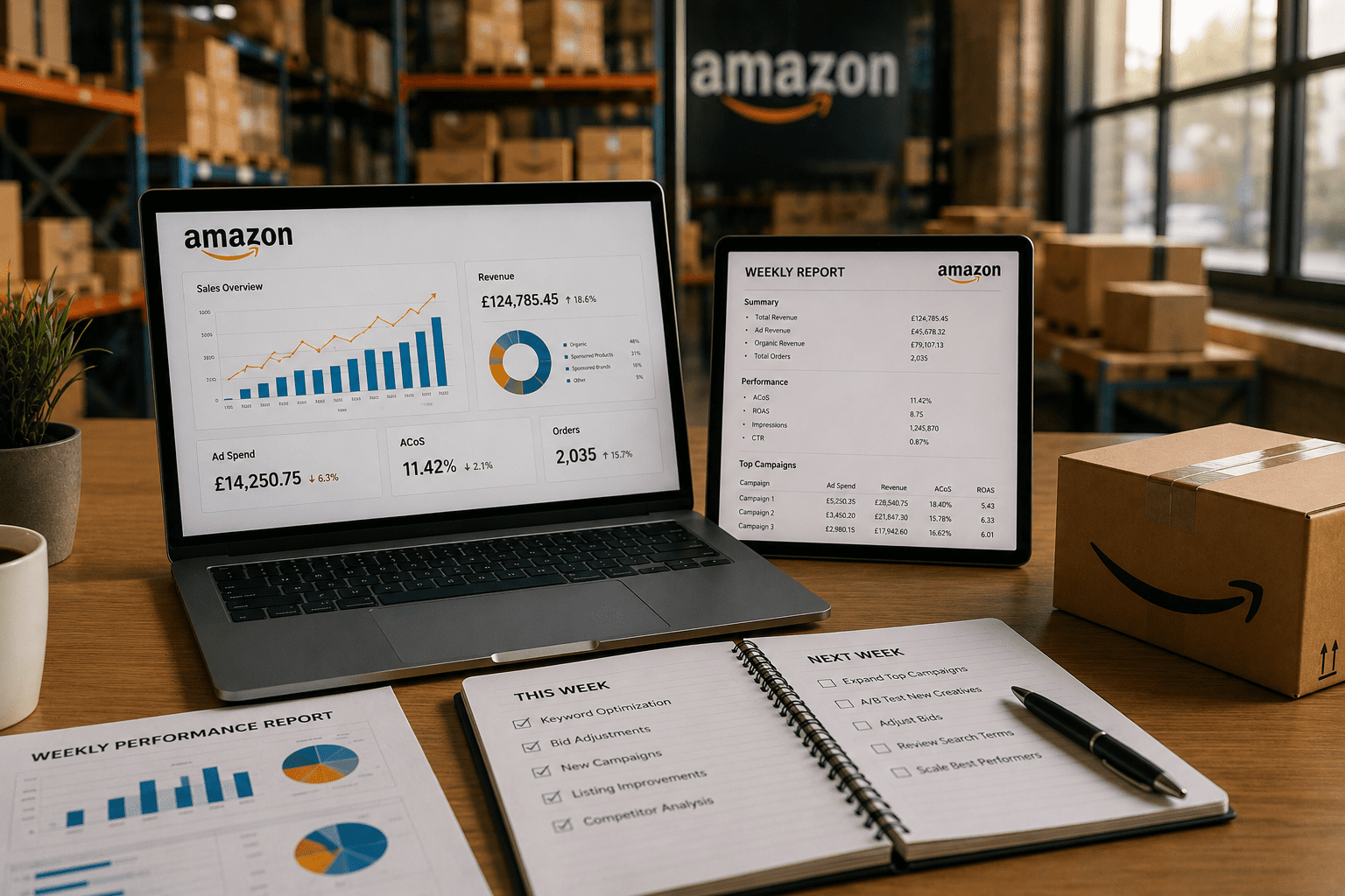 Office workspace with Amazon performance data