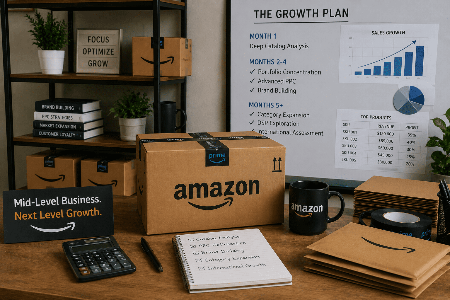 Organized Amazon workspace with growth plan