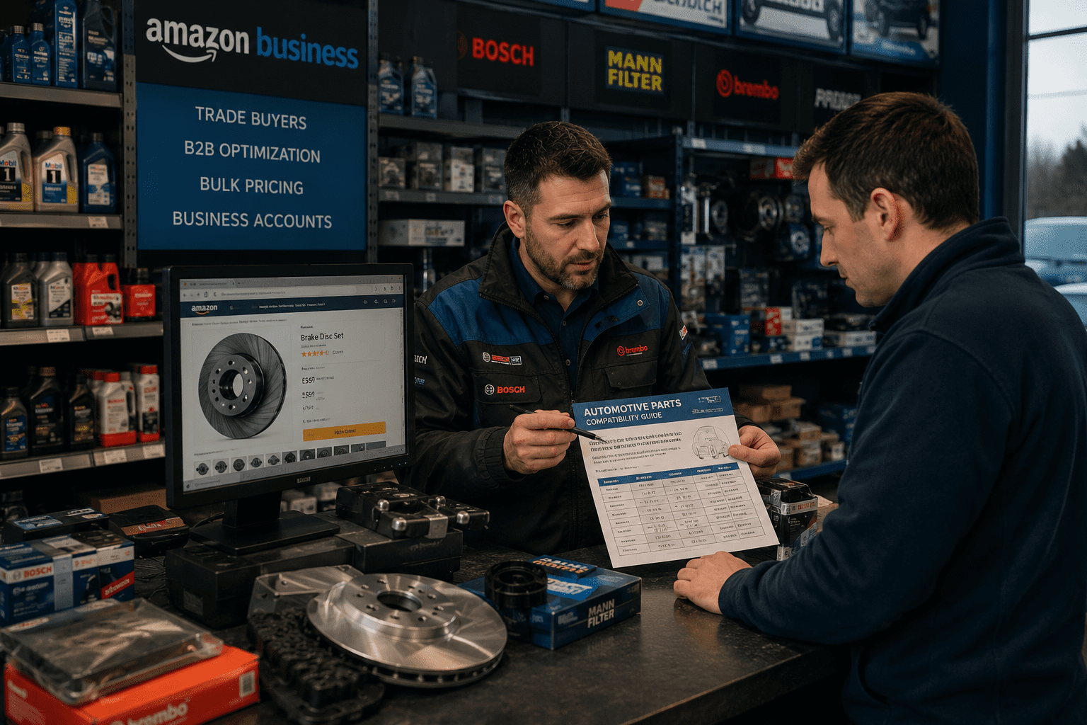 Parts discussion at auto workshop counter