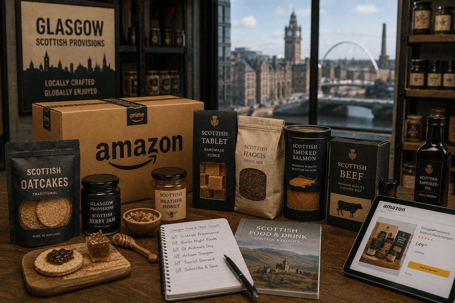 Scottish food display with city view