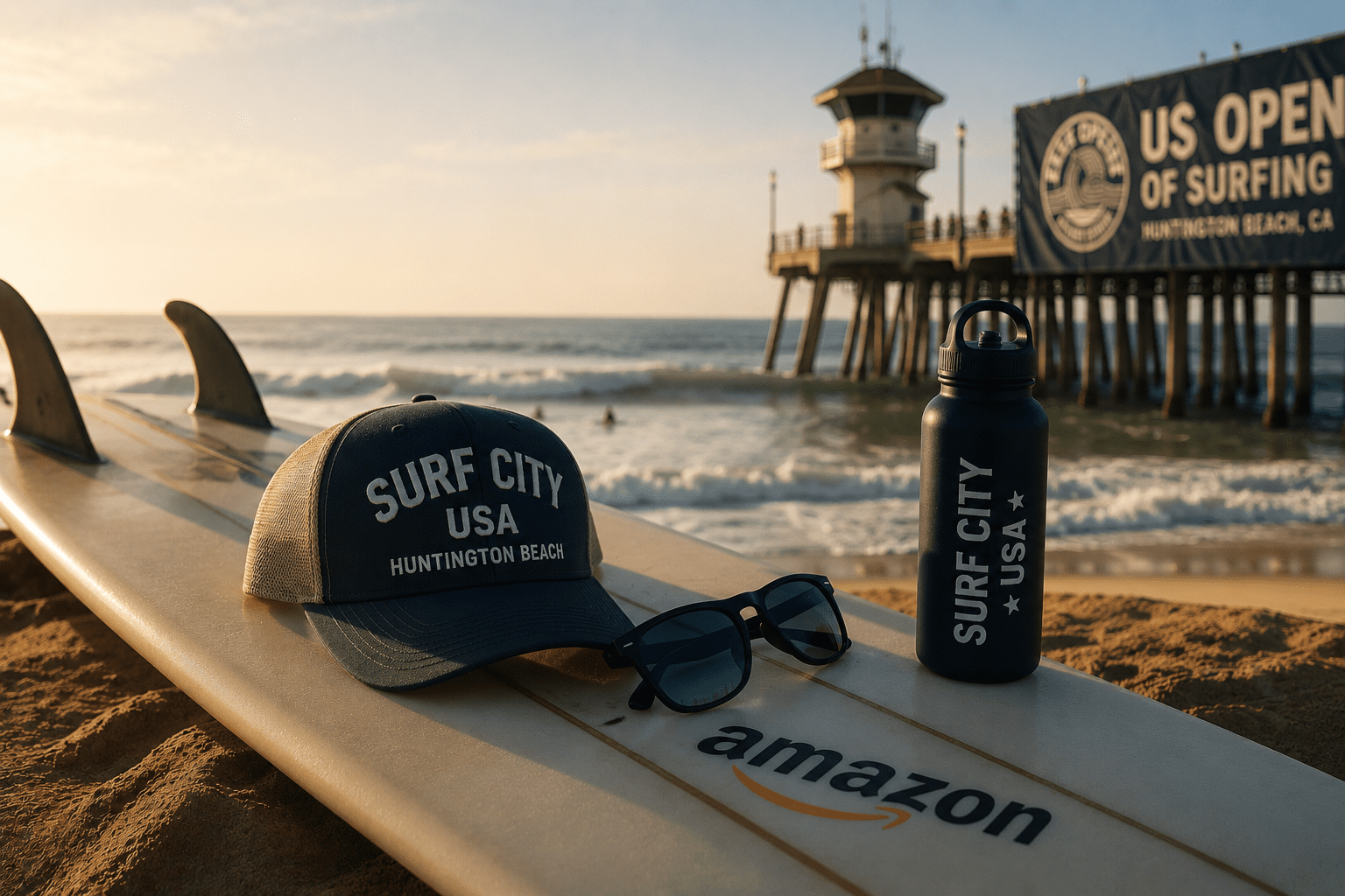 Surfboard and sunset at Huntington Beach