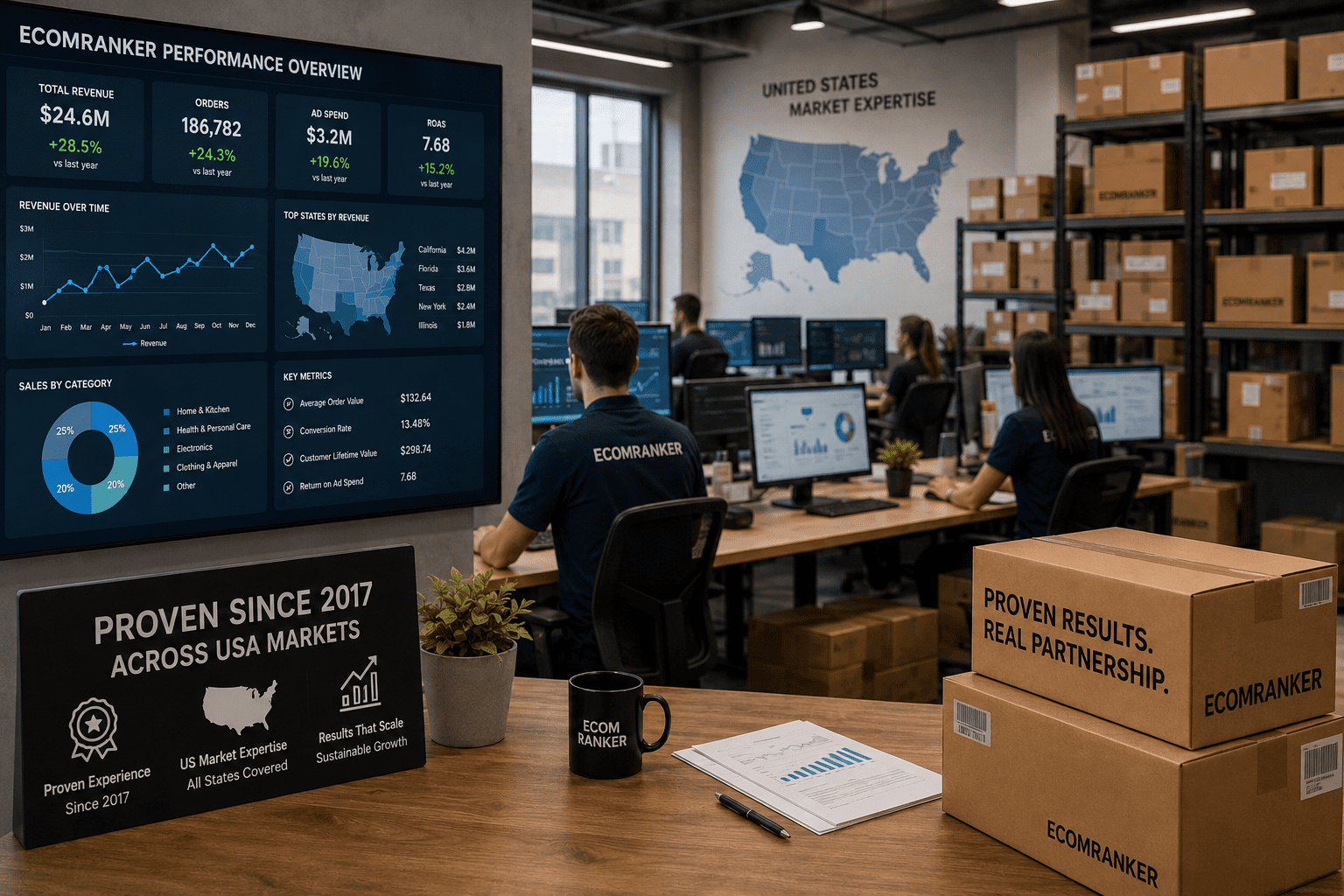 Tech team's workspace with data dashboard
