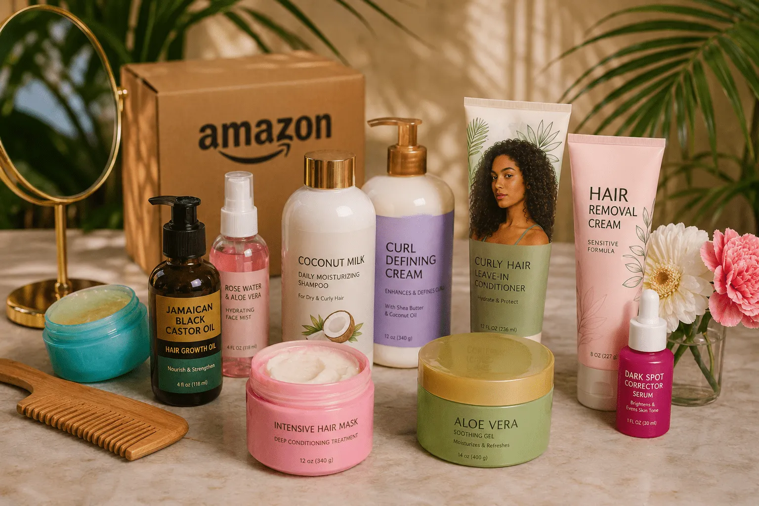 Tropical beauty haul on marble tabletop