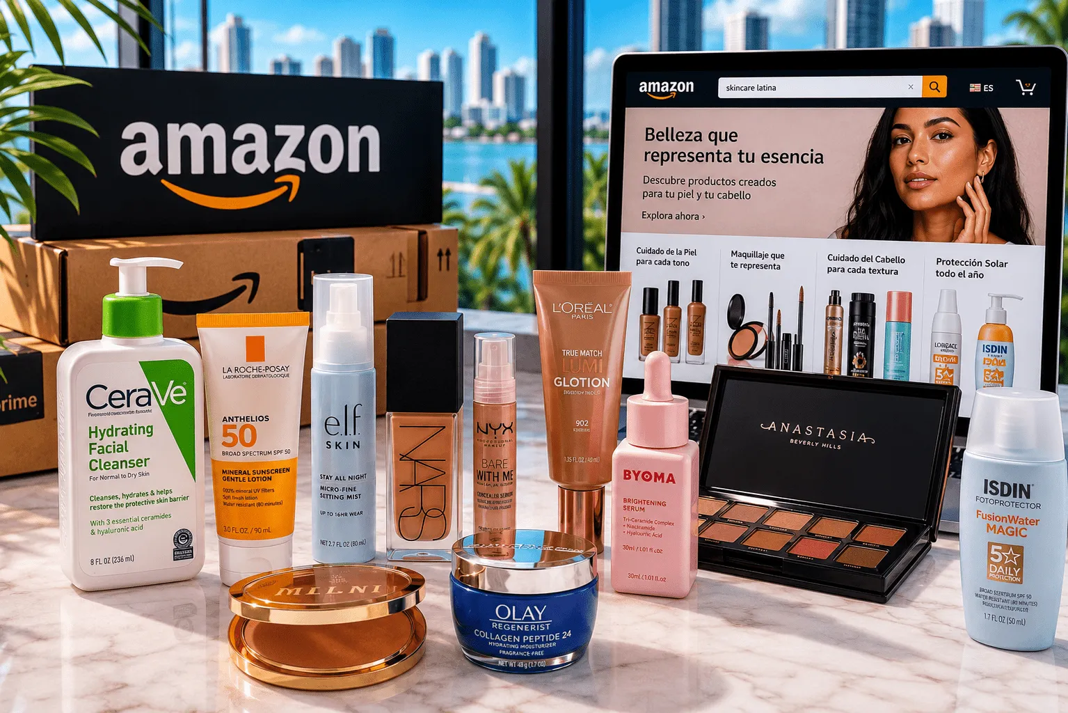 Tropical skincare essentials on marble countertop
