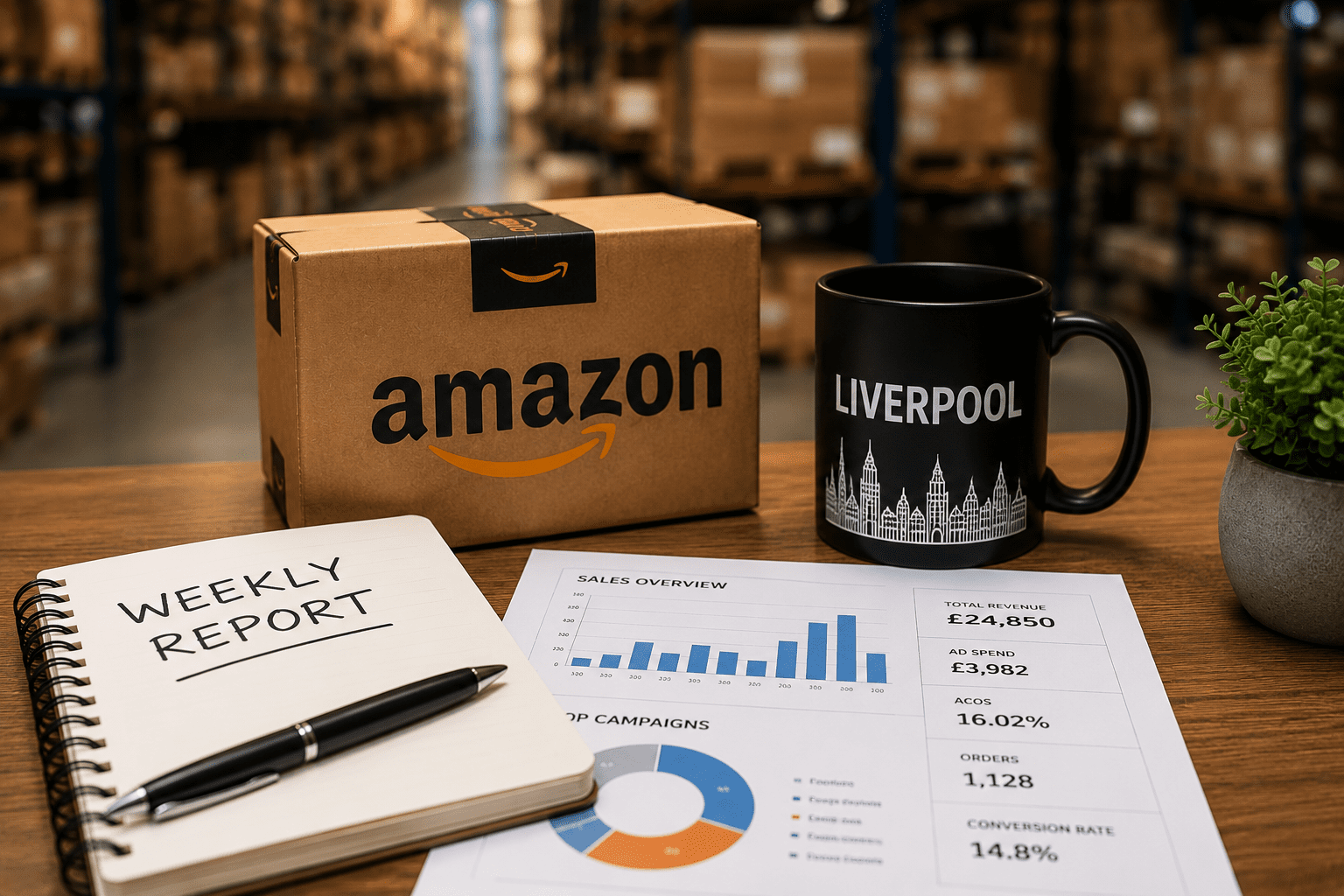 Warehouse office desk with reports and box