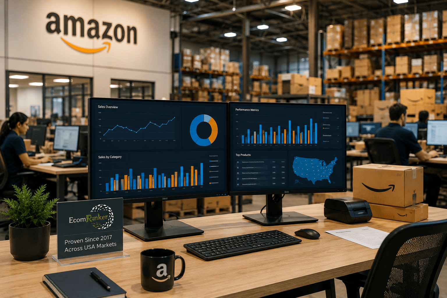 Warehouse office with analytics dashboards