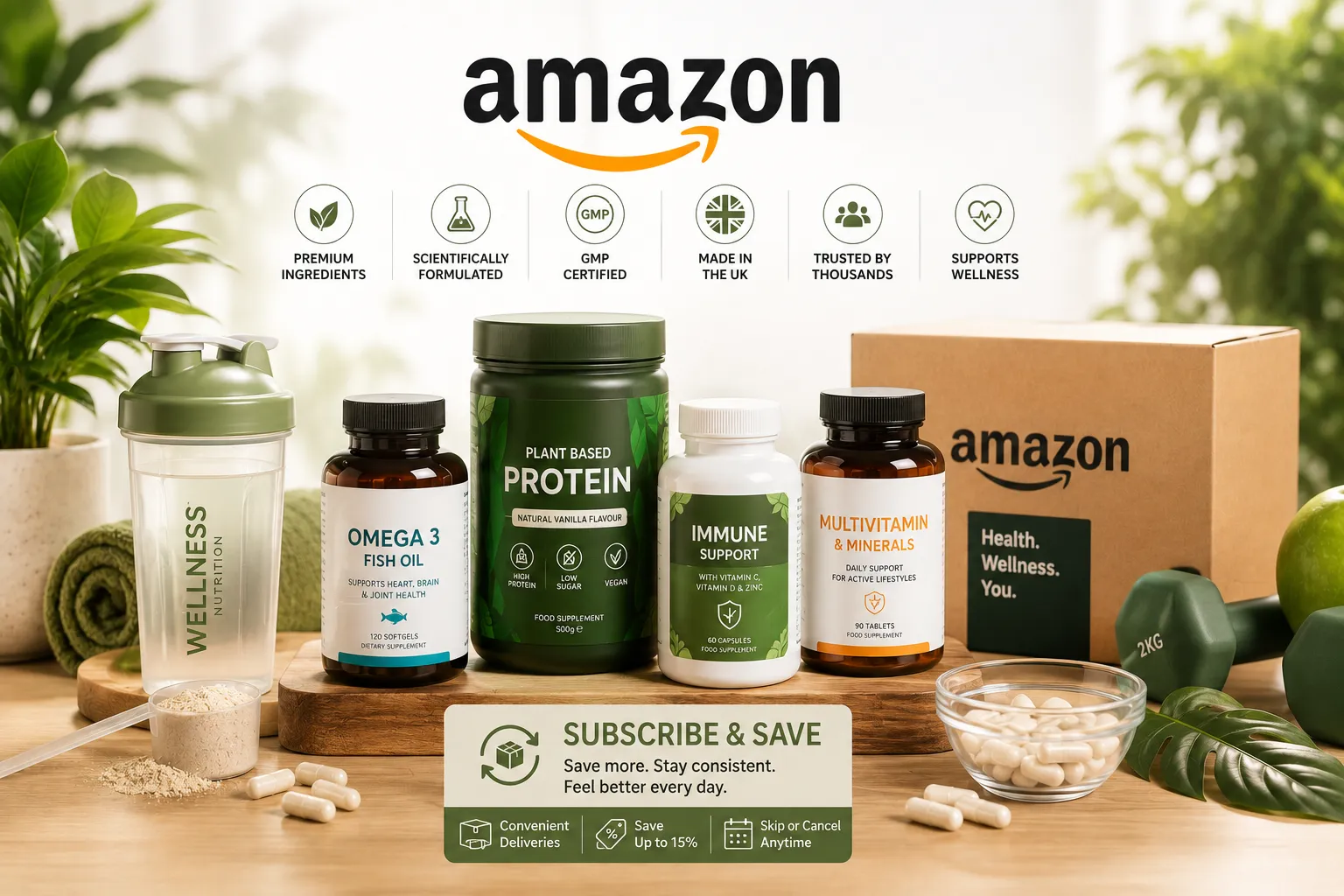 Wellness products on natural wood backdrop