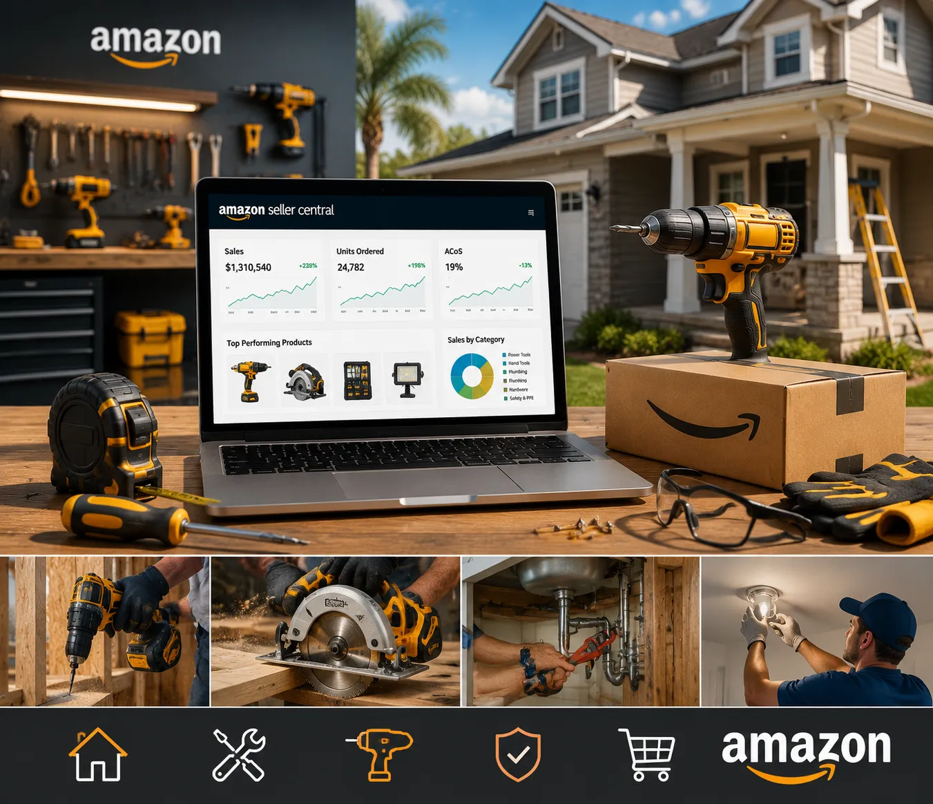 Amazon seller tools in home workspace
