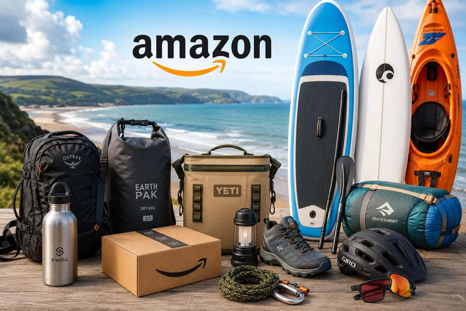 Coastal adventure gear on a wooden deck