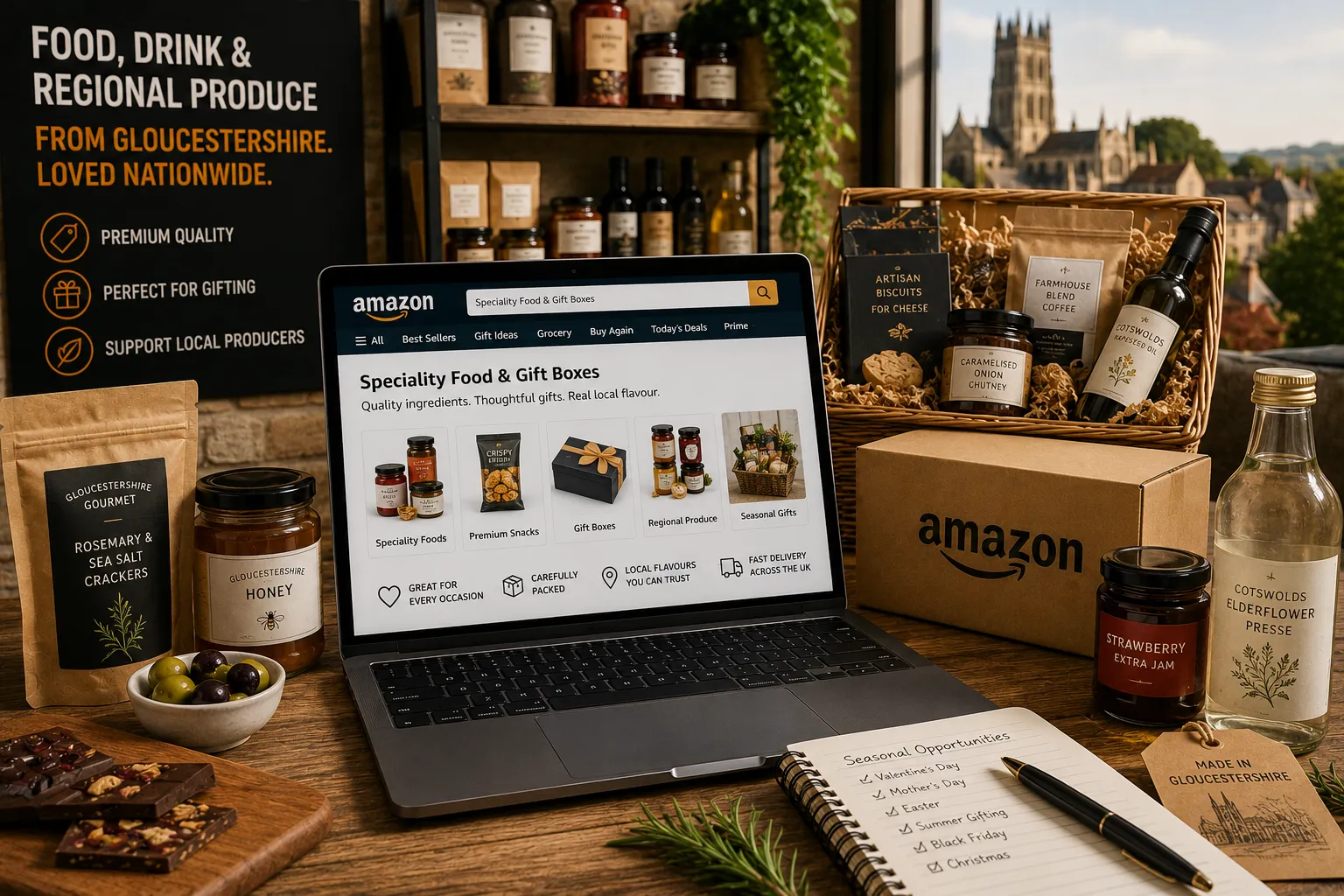 Gourmet products in a rustic workspace